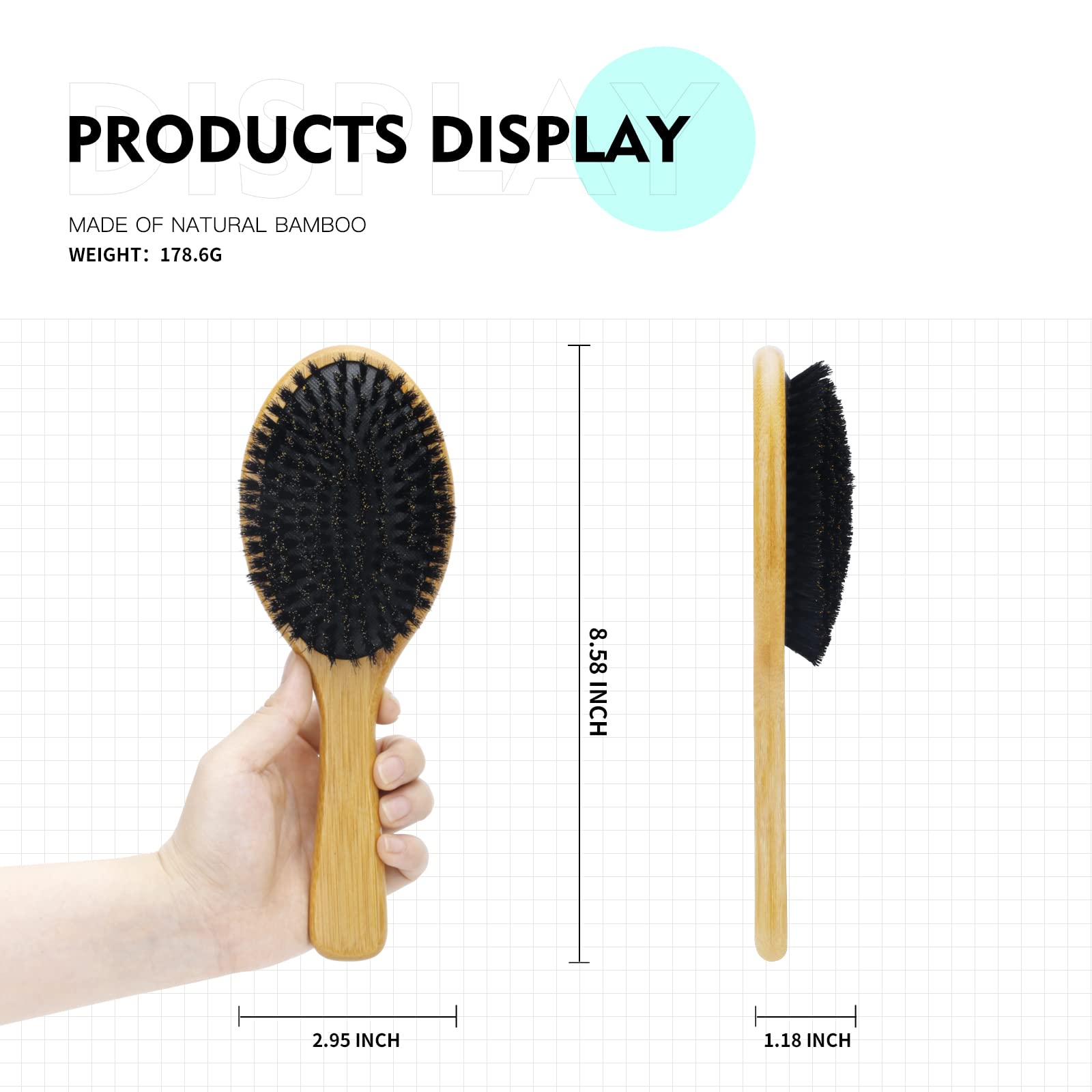 Combetter Boar Bristle Hair Brush - Eco-Friendly Bamboo, Black, for Smoothing & Detangling Hair, Suitable for Women, Men & Kids