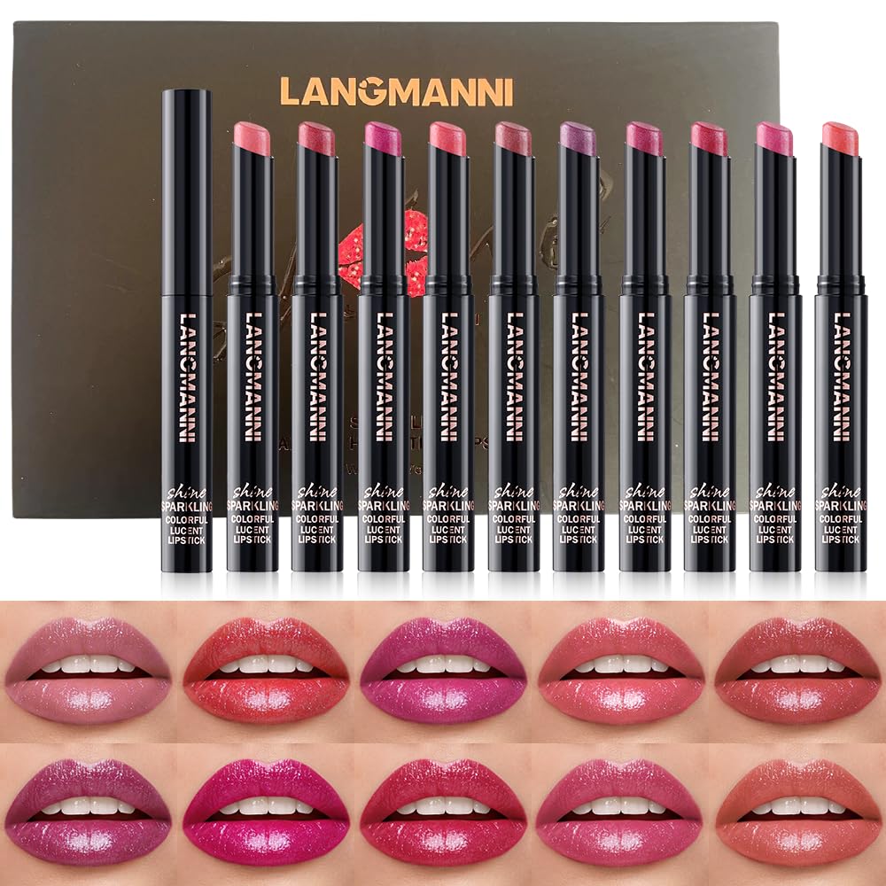 Jolilab 10Pcs Set Sparkling Lipstick Lip Gloss Long Lasting Waterproof Moisturizer Lip Balm Glitter Shimmer Metallic Lipstick, D