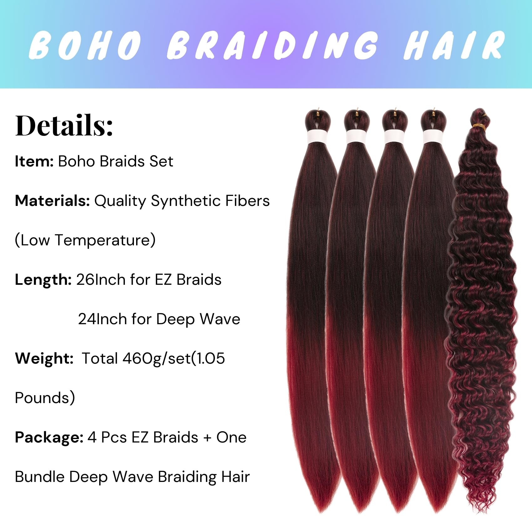 Black Burgundy Braiding Hair Pre Stretched For Boho Braids Synthetic Prestretched Ez Braiding Hair For Knotless Box Braids Bohem
