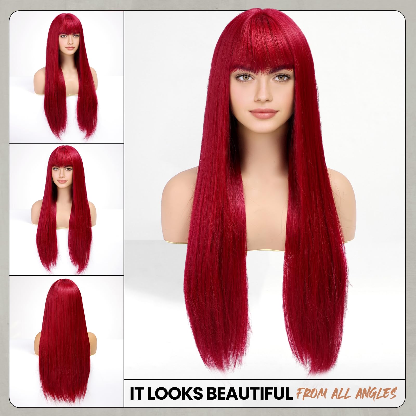 Emmor Red Wig With Bangs For Women Long Straight Wigs Synthetic For Girls Halloween Party Cosplay And Daily Use(26'' Red)