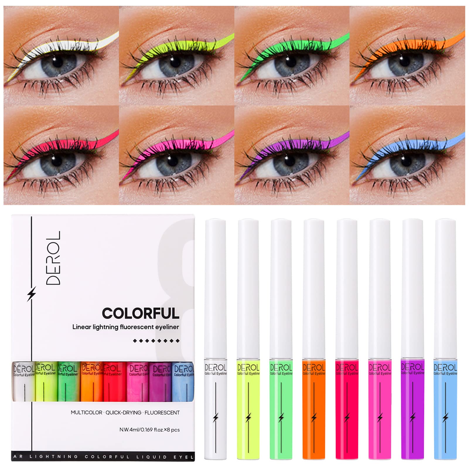 Bonnie Choice 8 Colors U V Neon Liquid Eyeliner Set, Halloween Waterproof Smudge-Proof Pigmented Matte Colorful Eyeliner, Deline