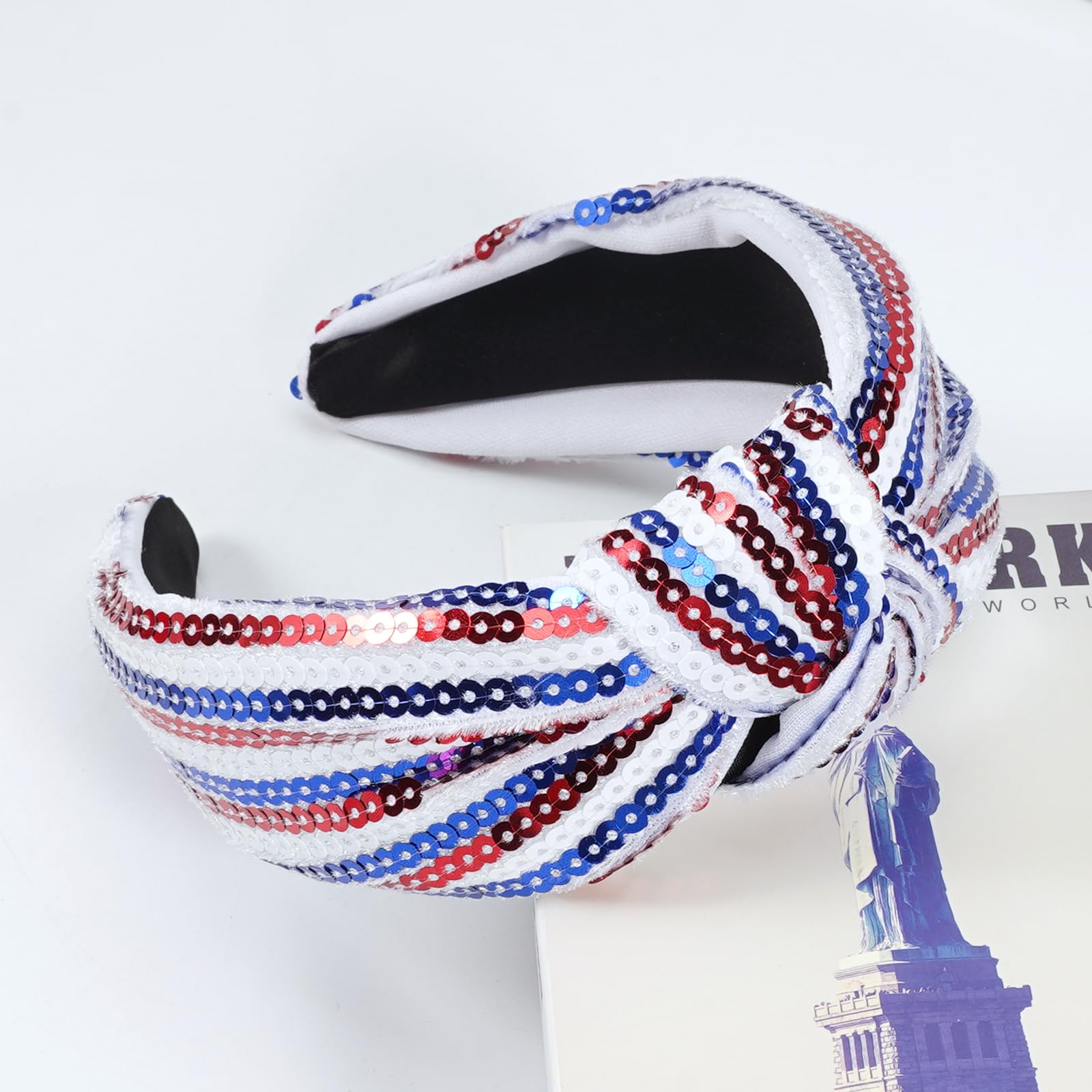 Ardorchid 4th of July Headbands for Women Girls American Flag USA Independence Day Knotted Wide Headband Red White and Blue Sequ