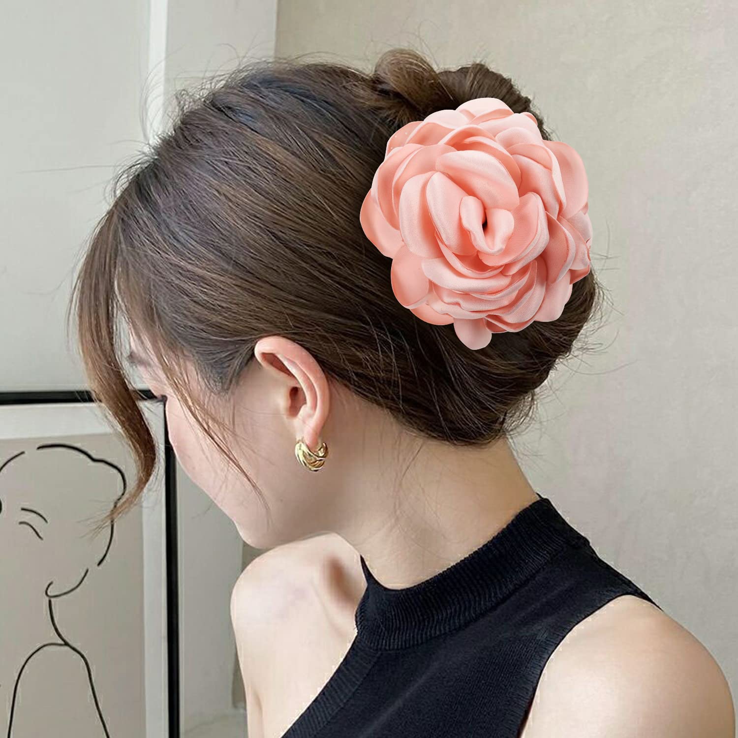 Lawie 4 Pack Large Black Burgundy Red Butterfly Octopus Ribbon Silk Chiffon Rose Flower Plastic Hair Claw Clips Fabric Floral Bo