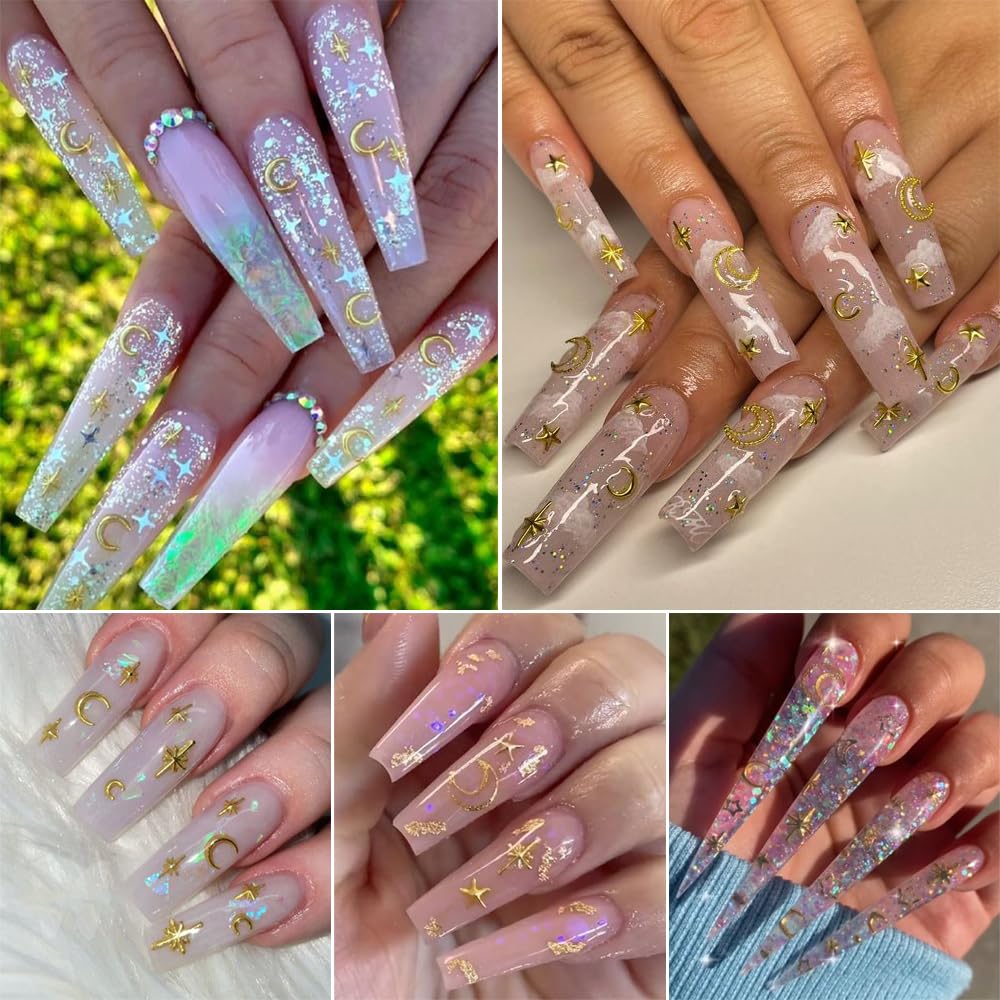 3D Alloy Nail Art Studs Nail Charms, Gold Hollow Star Moon Metal Nail Rivets Crystal Rhinestones Gems Jewelry Diy Crafts Manicur