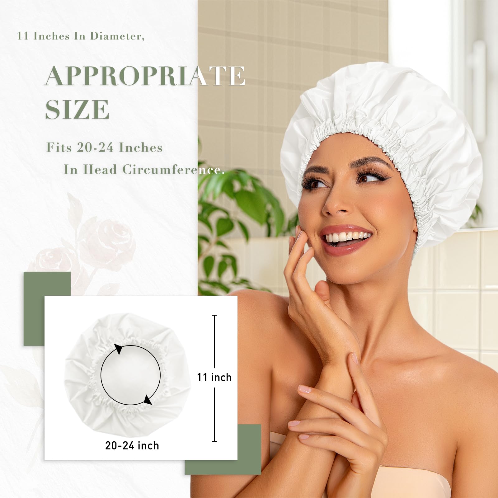 Reusable Shower Cap For Women, Large Waterproof Shower Bonnet Washable Elastic Band Bath Hair Hat For Long Hair, Braids(White)