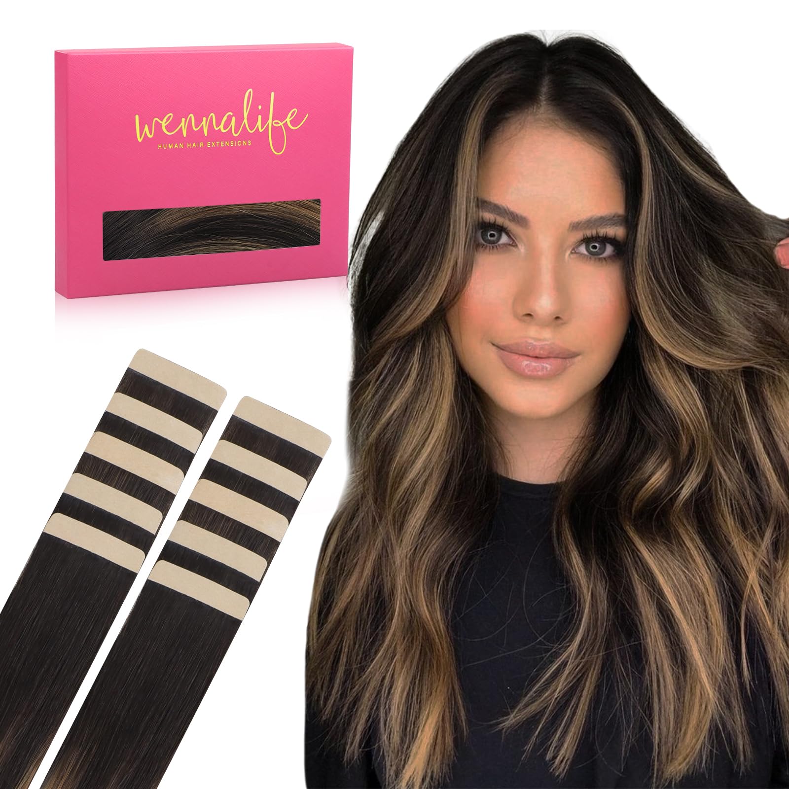 Wennalife Tape In Hair Extensions Human Hair Balayage Natural Black To Chestnut Brown Tape In Extensions, 10Pcs 25G 16 Inch Remy