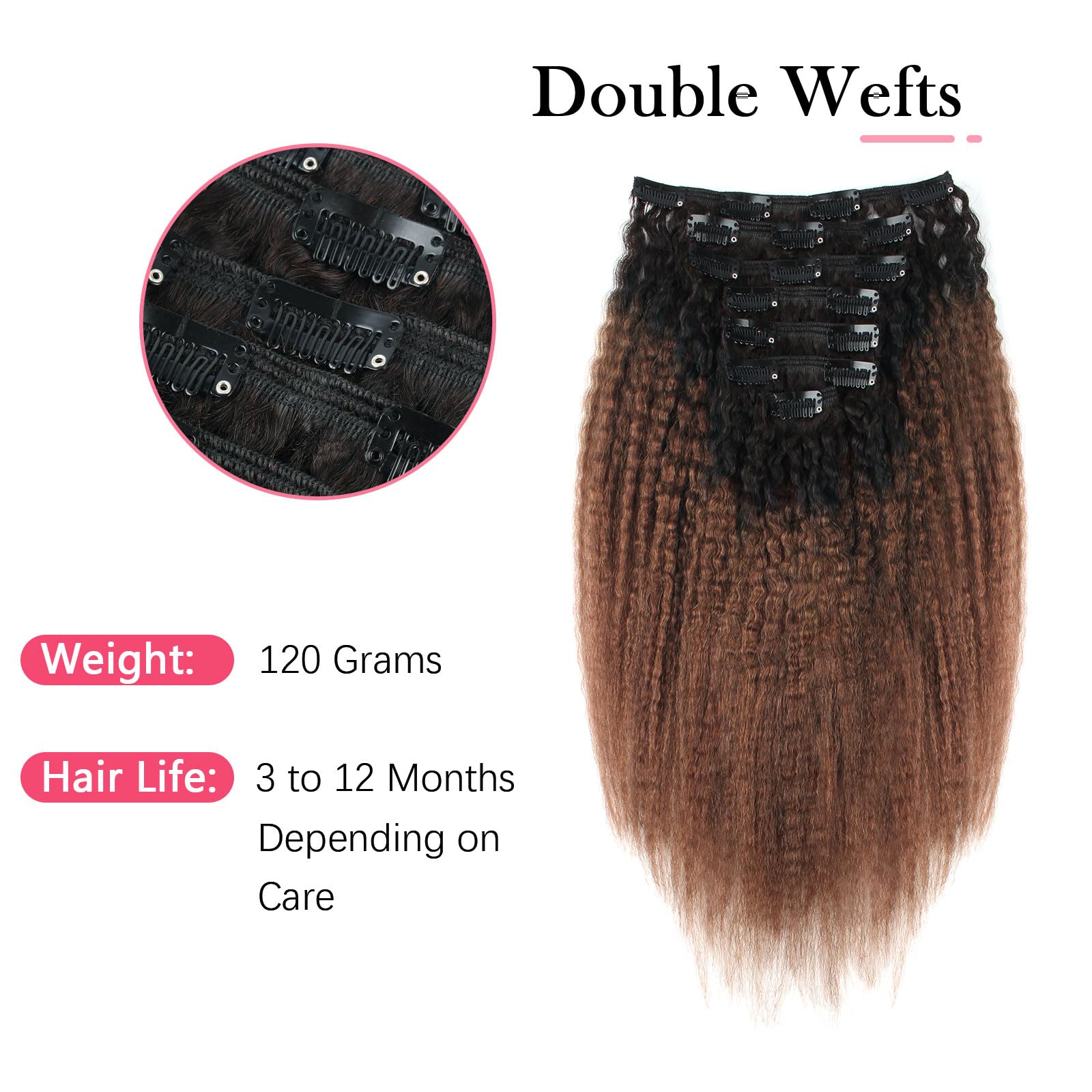 Sassina 12 Inch Two Tone Kinki Straight Clip Ins Invisible Remy Human Hair Clip On Extensions For Black Women,Natural Black Fadi