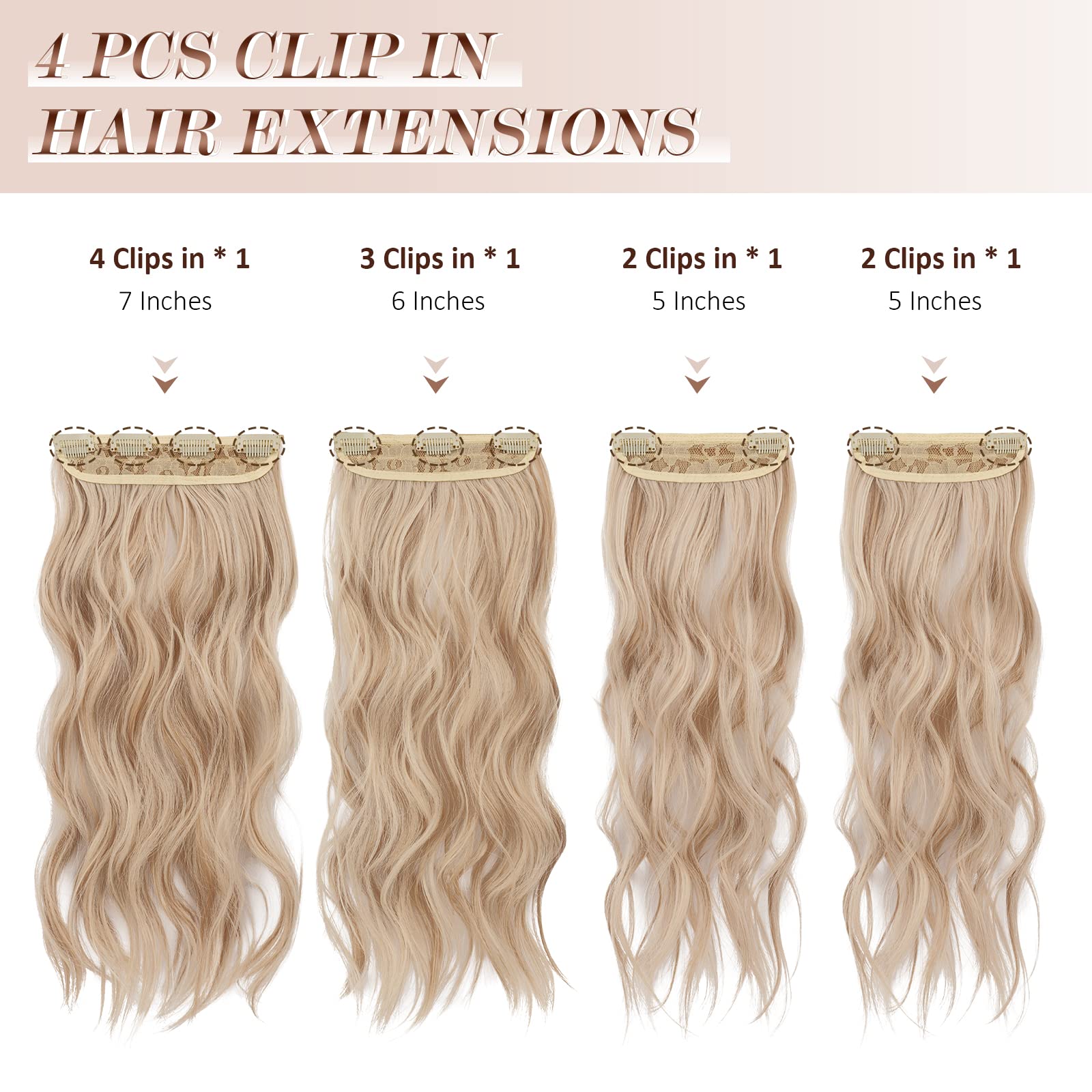 FESHFEN Clip in Hair Extensions 4 PCS Honey Blonde Mixed Platinum Blonde Thick Highlighted Hairpieces Long Wavy Clip in Hair Pie