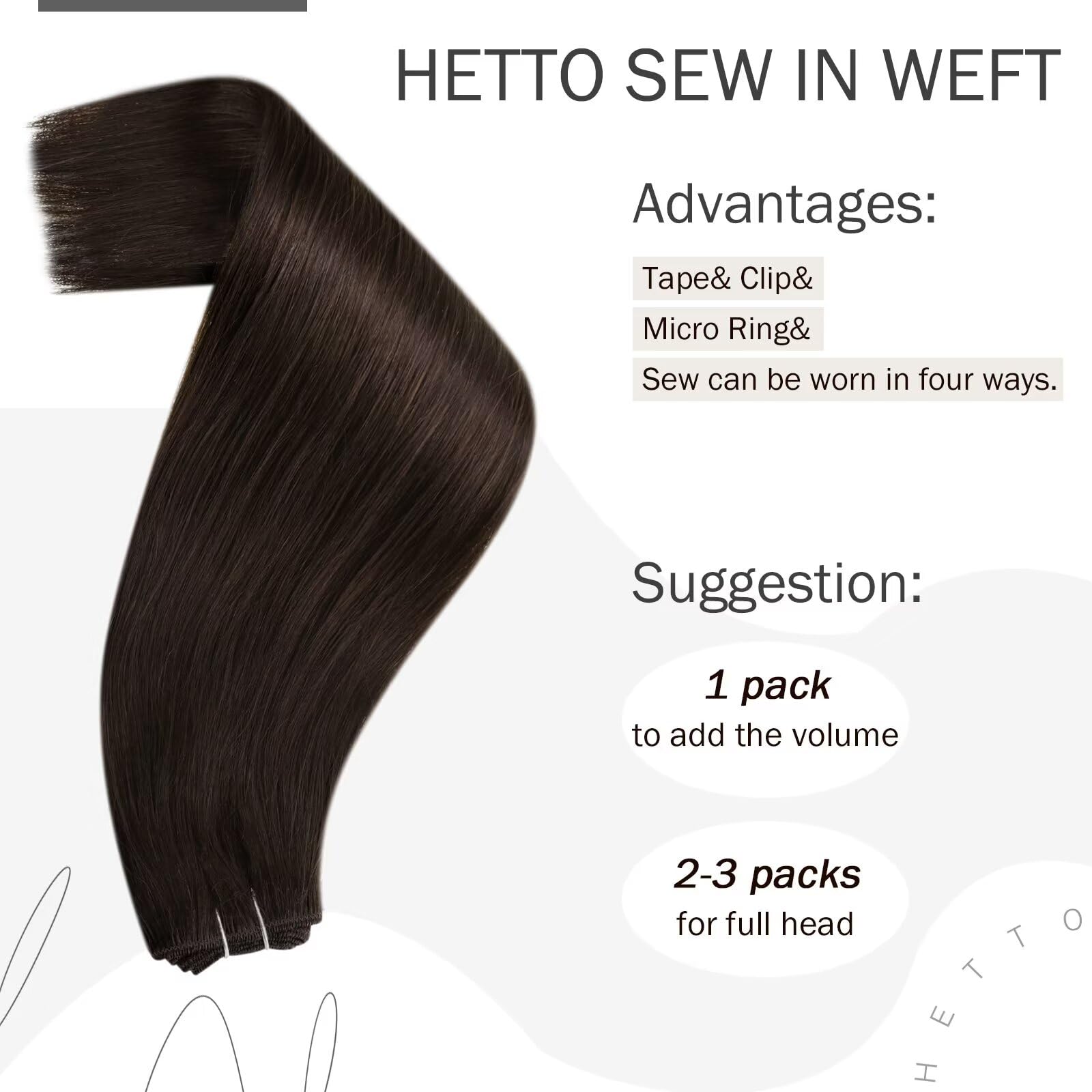 Hetto Brown Sew in Hair Extensions Human Hair Weft 14 Inch 80g #2 Darkest Brown Hand Tied Sew in Human Hair Weft Extensions Braz
