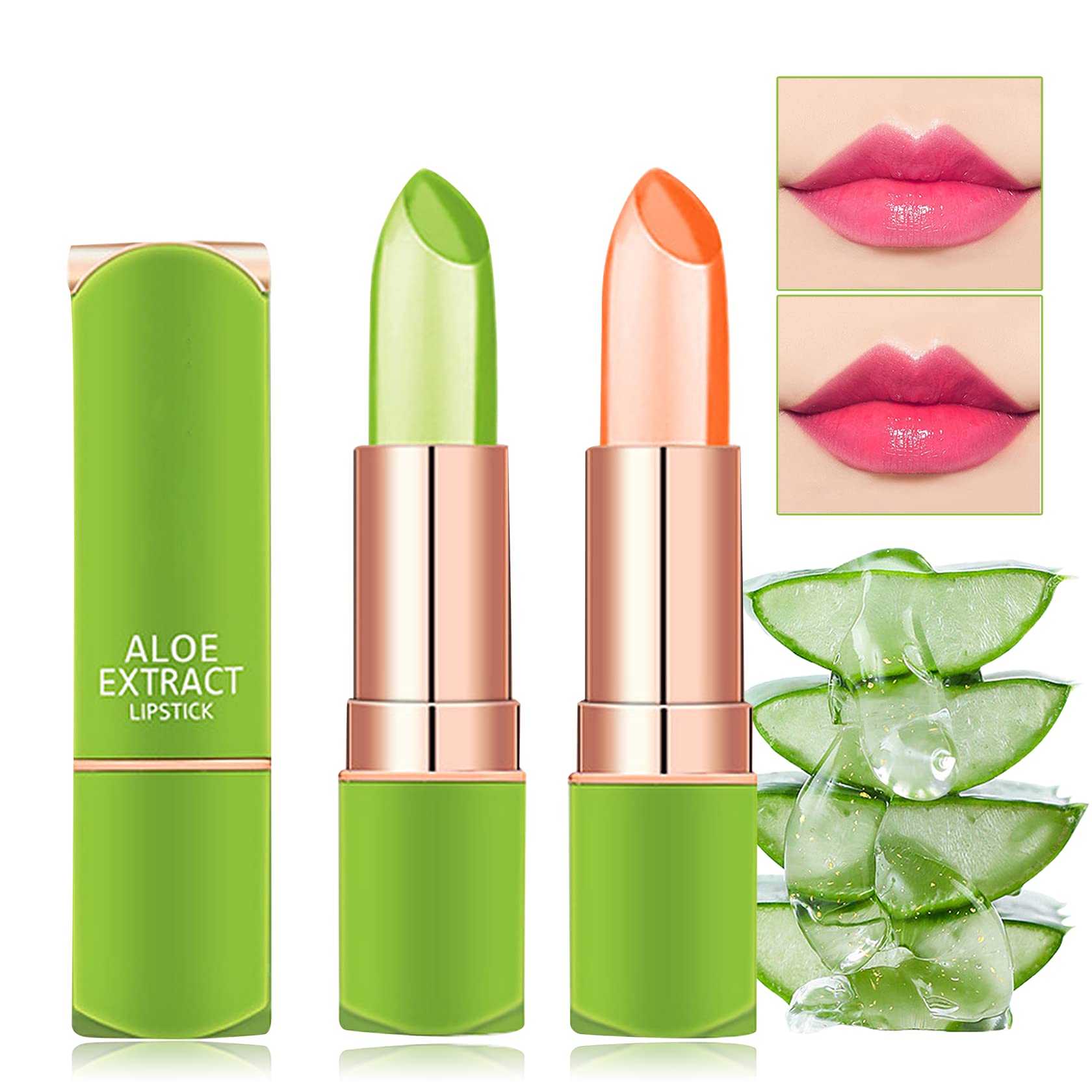 Fusang 2Pcs Aloe Vera Lipstick Color Changing Lipstick,Temperature Color Change Lip Gloss Balm Set Nutritious Long Lasting Moist