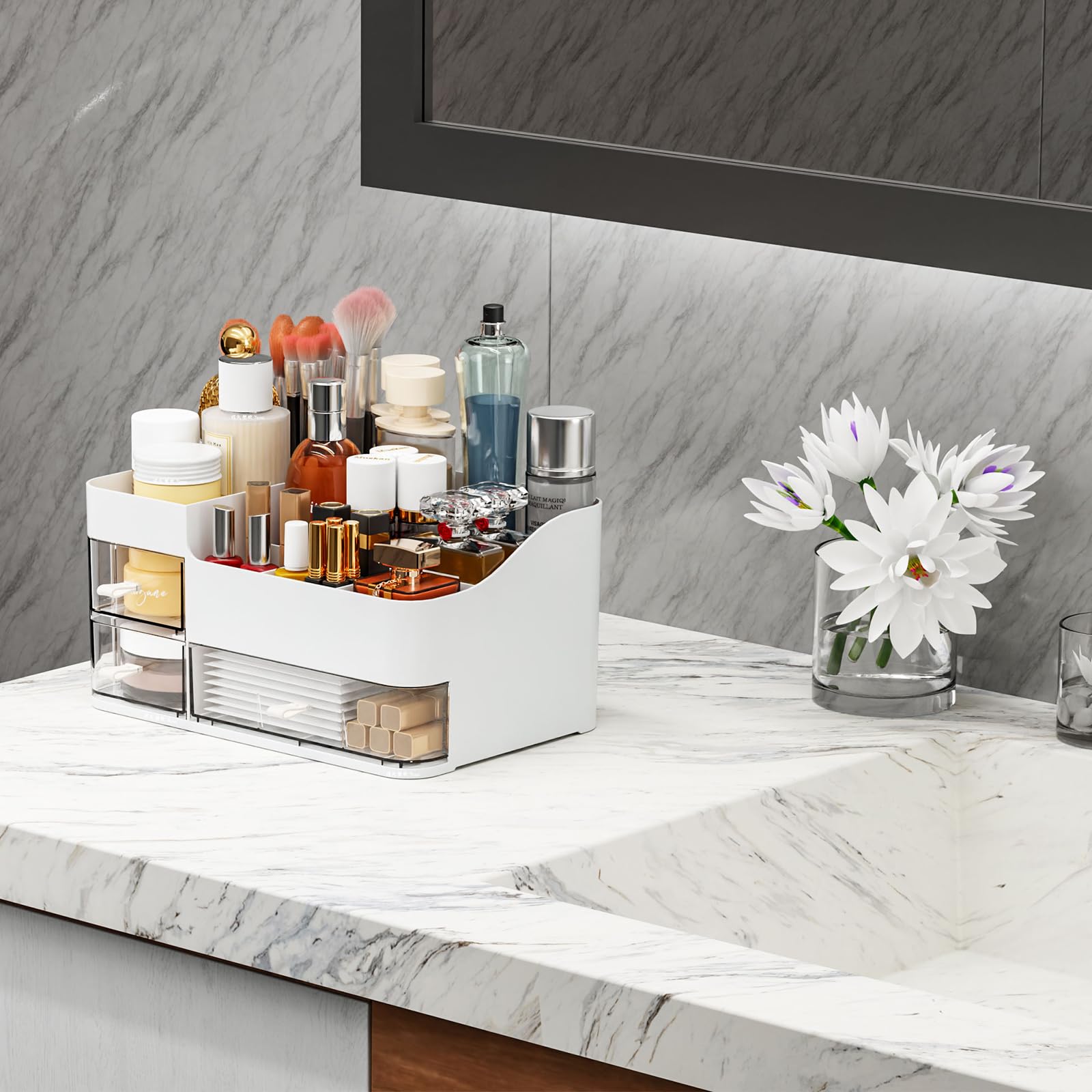 White Makeup Organizer And Storage For Vanity,Large 3 Drawers Dresser Top Skincare Organizer,Cologne Perfume Storage,Plastic Cos