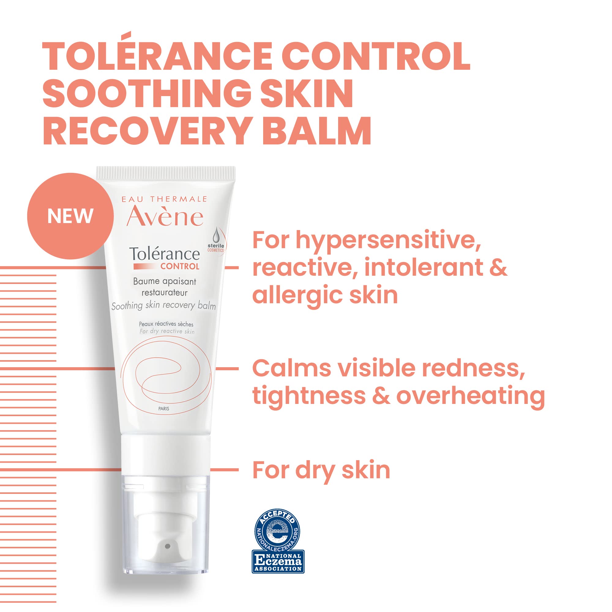 Eau Thermale Avane Tolerance Control Soothing Skin Recovery Balm, For Hypersensitive, Dry Skin, Tube With Sterile Pump, 13 Floz
