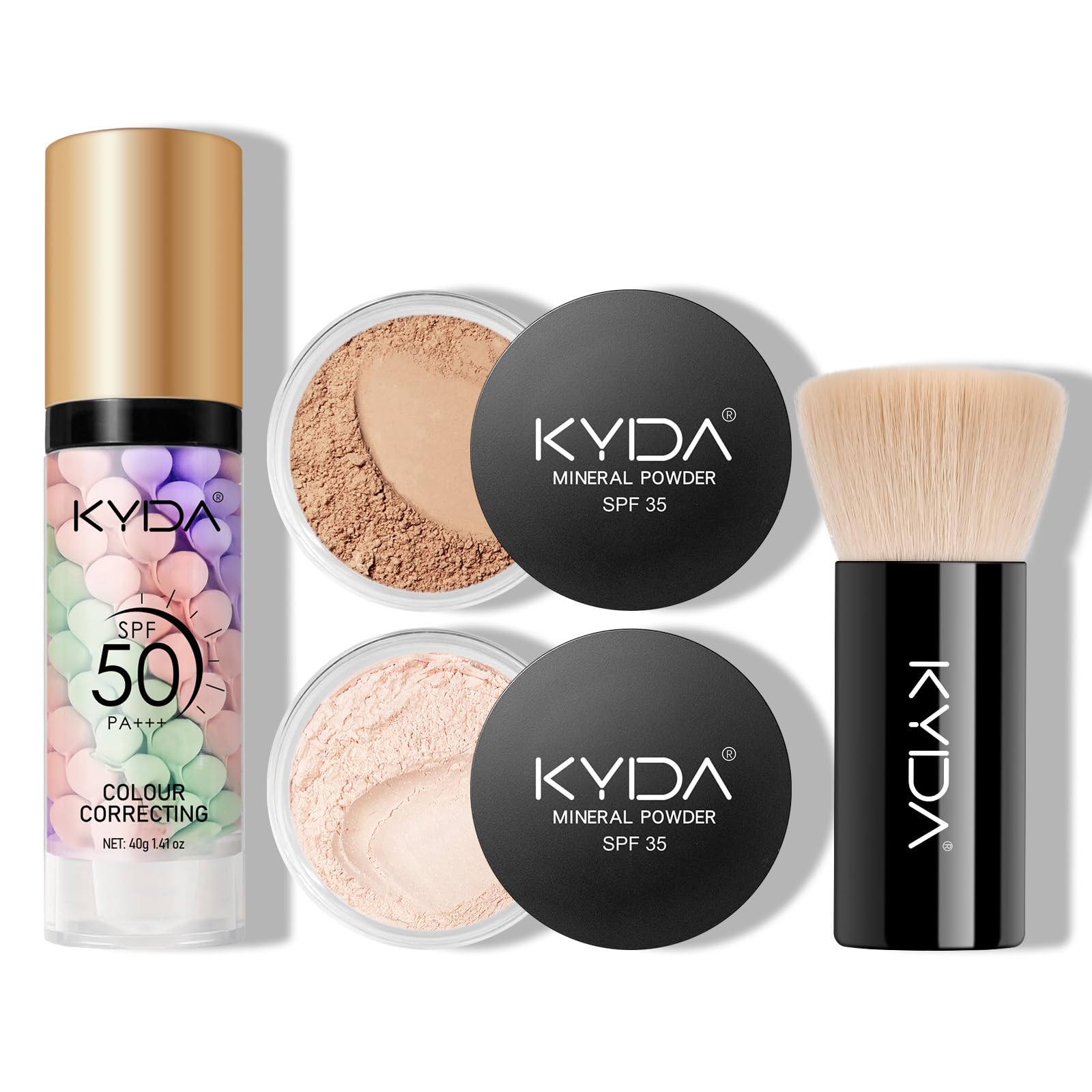 KYDA Mineral Makeup Kit, Includes SPF 50 Color Correcting Primer, SPF 35 Loose Powder Foundation + Translucent Loose Setting Pow
