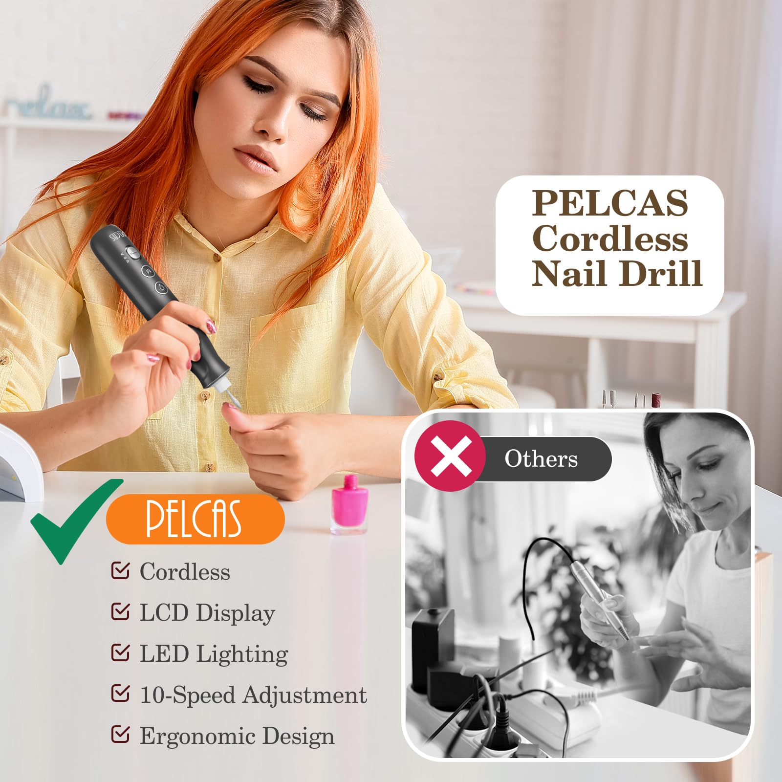 PELCAS Electric Nail Grinder, 10 Speeds Cordless Nail Drill with LED Light, Portable Manicure and Pedicure Kit, Nail File with L