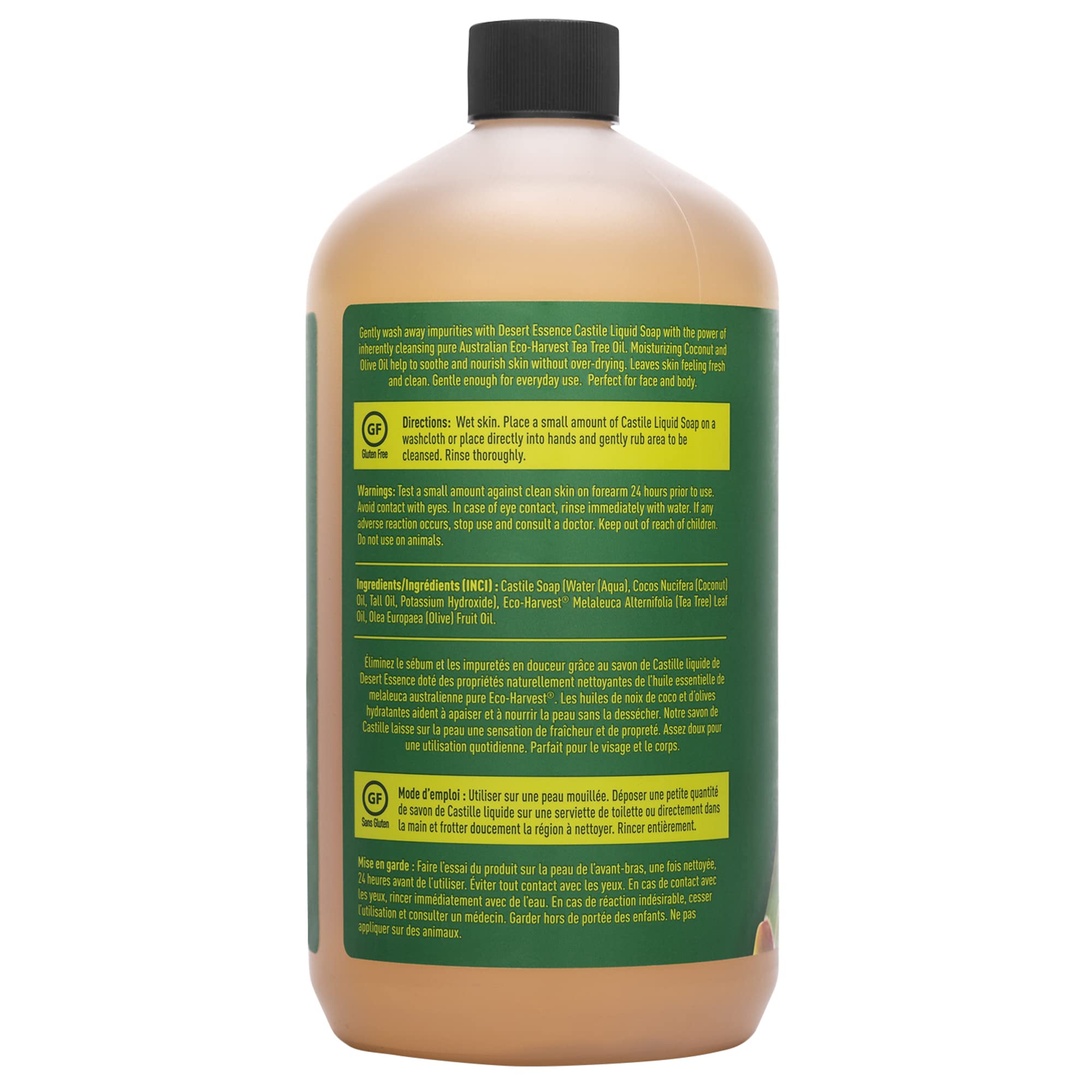 Desert Essence Castile Liquid Soap With Eco-Harvest Tea Tree Oil - 32 Fl Oz - Face & Body Cleansing - Coconut & Olive Oil - May