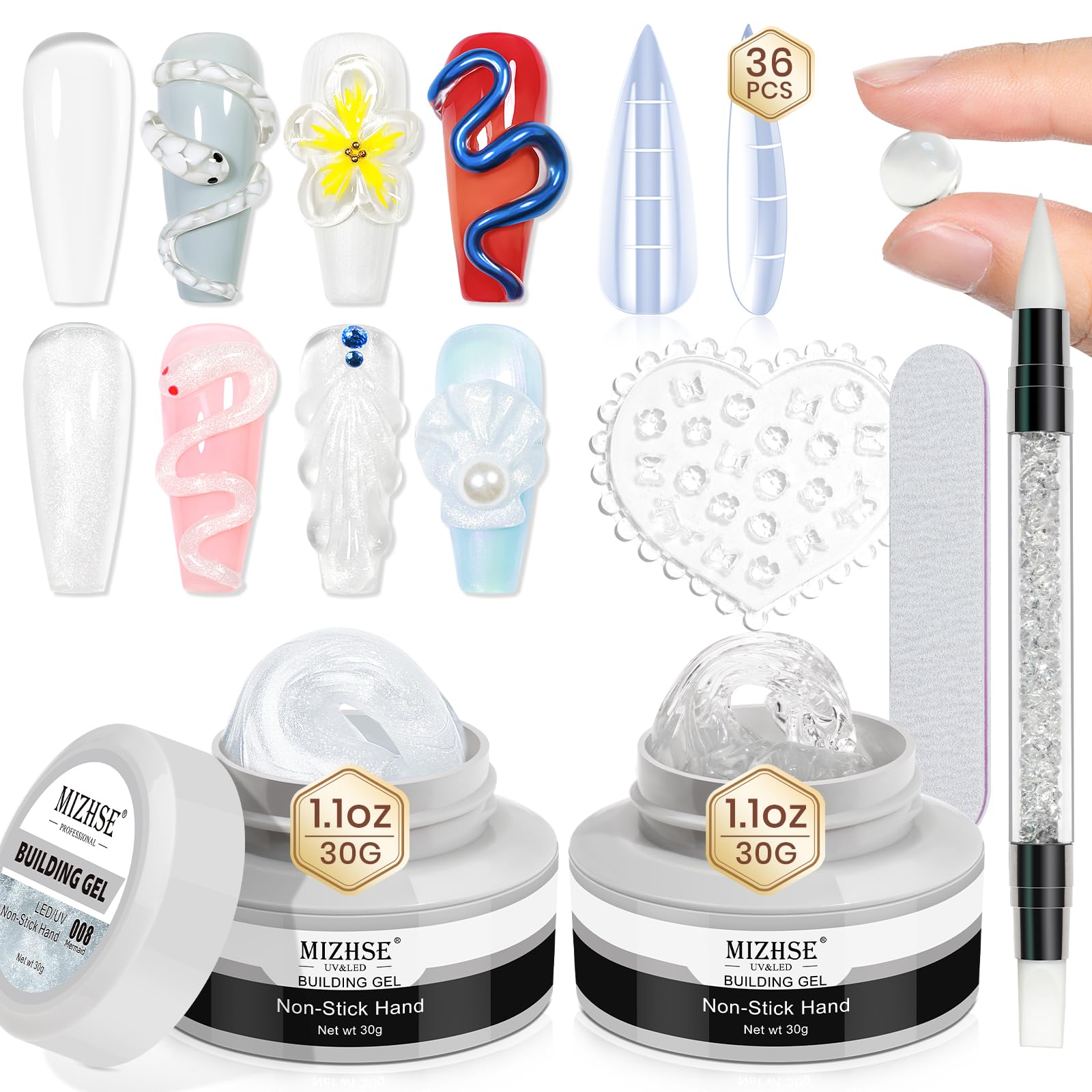 MIZHSE Solid Builder Gel for Nails Kit: 2PCS 30g Pearl White & Clear Hard Gel for Nails 3D Nail Gel with Nail Forms 3D Silicone 