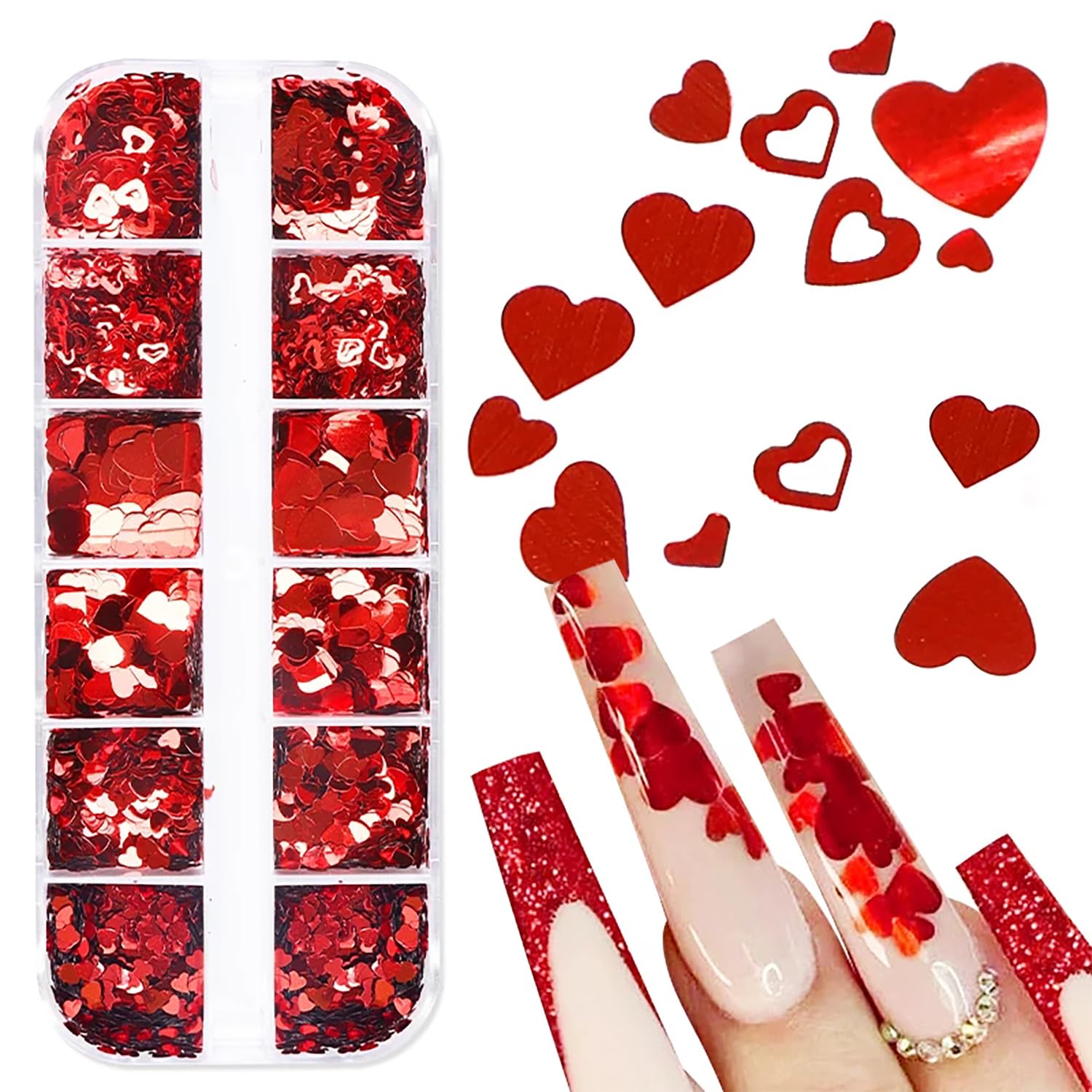 12 Grids Red Heart Nail Art Stickers 3D Heart Nail Decals Heart Nail Glitter Sequins Love Nail Art Supplies Valentine's Day Nail
