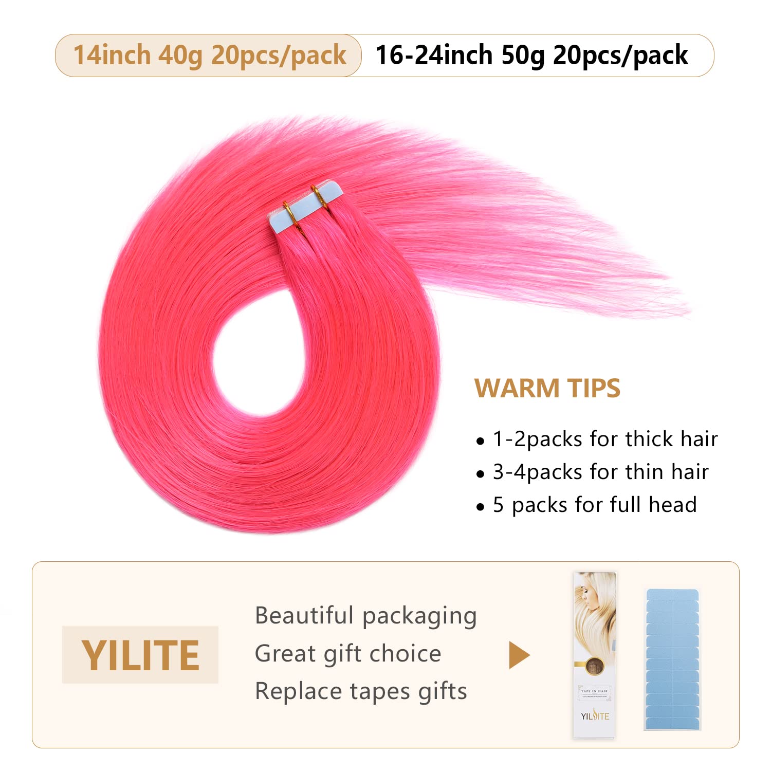 Yilite 20Pieces/Pack 50G 20Inches Pink Tape In Hair Extensions Human Hair,Seamless Tape In Human Hair Extensions,Silky Straight