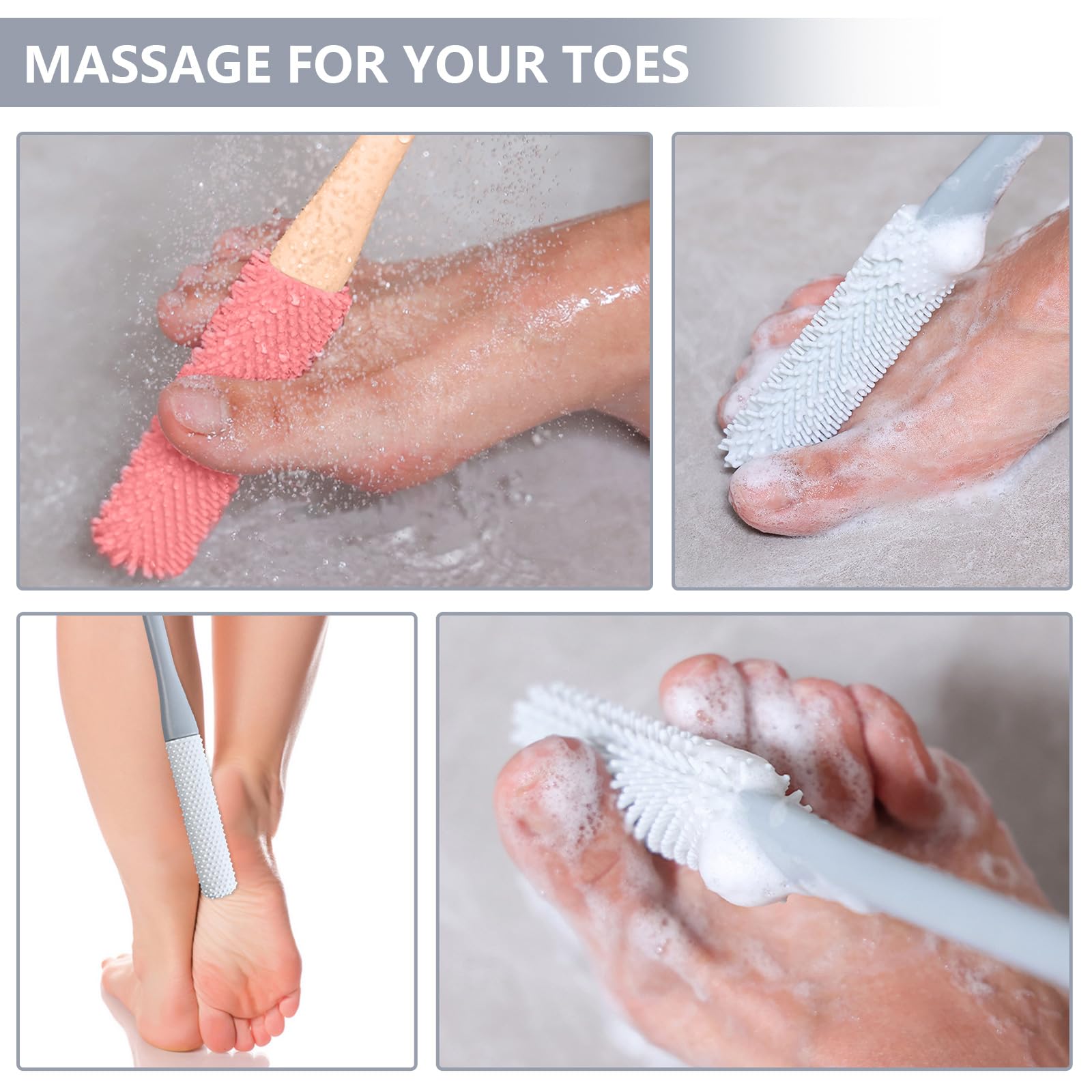 4 Pcs-Toe Gap Cleaning Brush,Long Handled Silicone Toe Crevice Cleaning Brush & Exfoliating Brush,Foot Scrubber In Shower, Skin