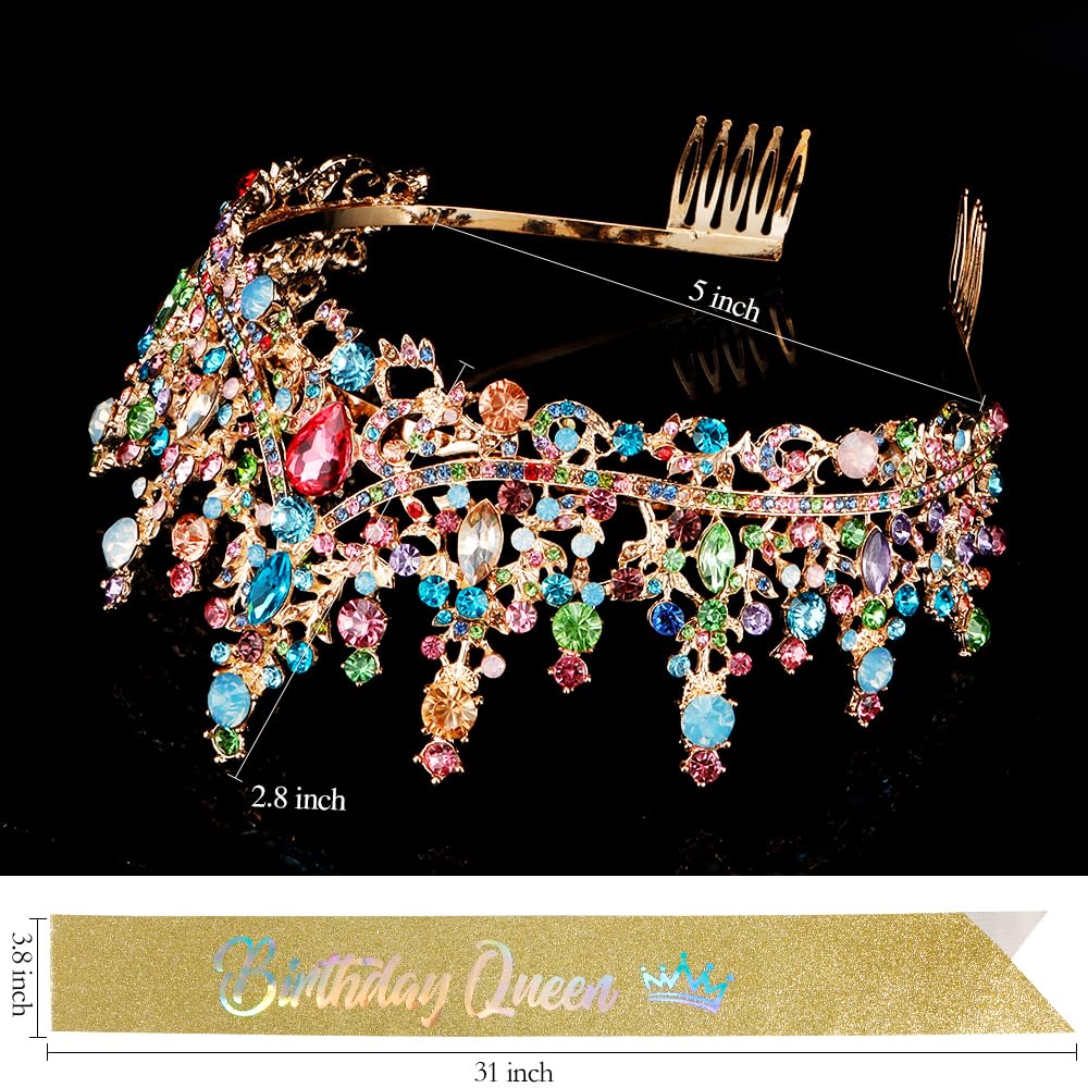 ATODEN Birthday Queen Tiara Crown Sash Tiaras and Crowns for Women Girls Crystal Princess Tiara Rhinestone Headbands Quinceanera