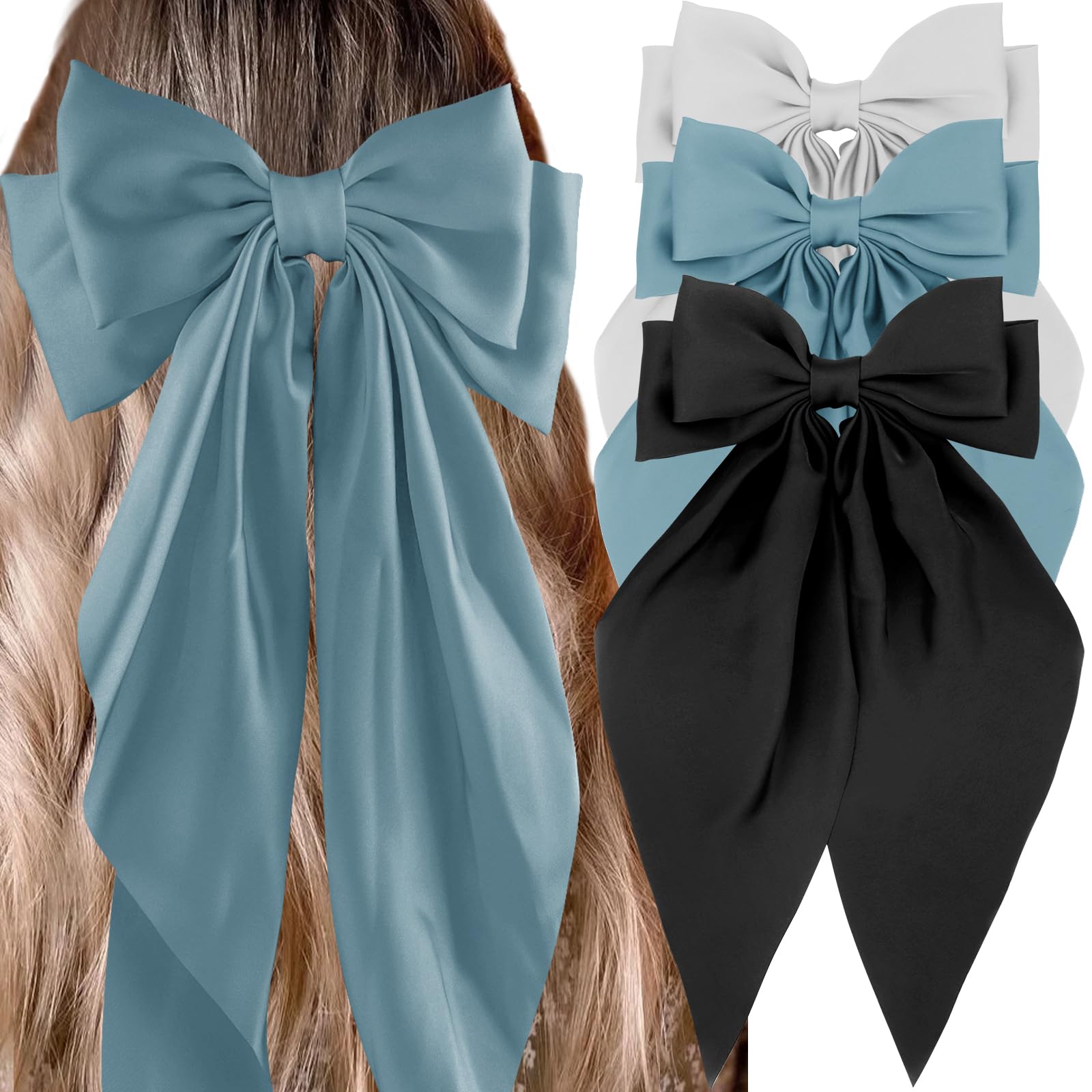 3Pcs Silky Satin Hair Bows for Women Hair Ribbons for Girls Big Bow Hair Ties Large Hair Barrettes for Girl French Cute Hair Cli