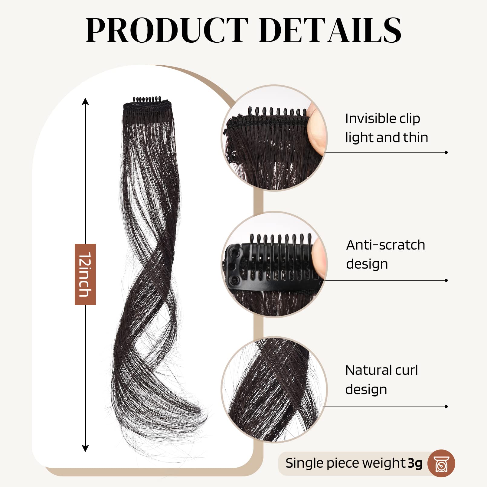 Flufymooz 12'' Clip-In Bangs Set: Long Synthetic Dragon Beard Fringe With Temples, 2Pcs (Black Brown)