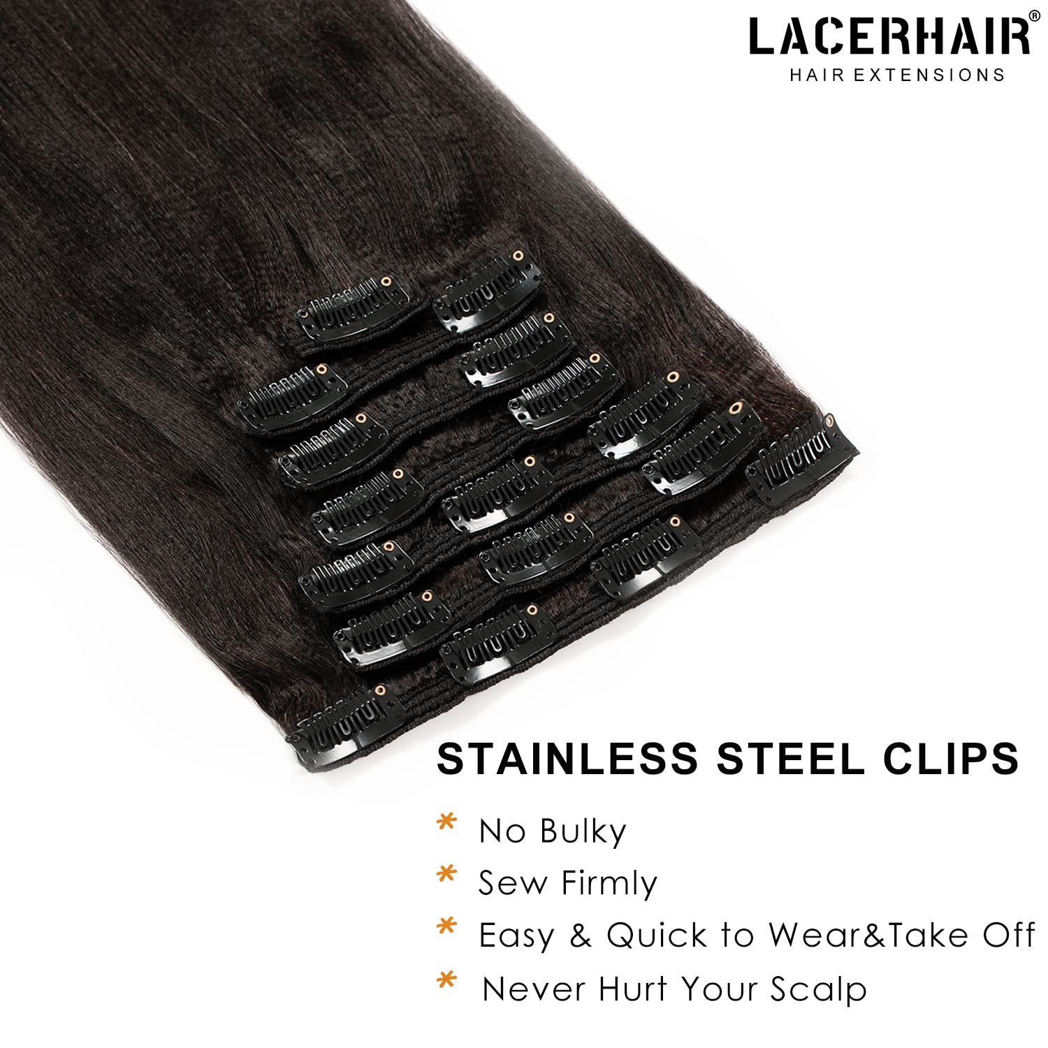 Lacer Light Yaki Clip In Hair Extensions, Remy Human Hair Natural Black Thick Yaki Straight Clip Ins For African American Woman