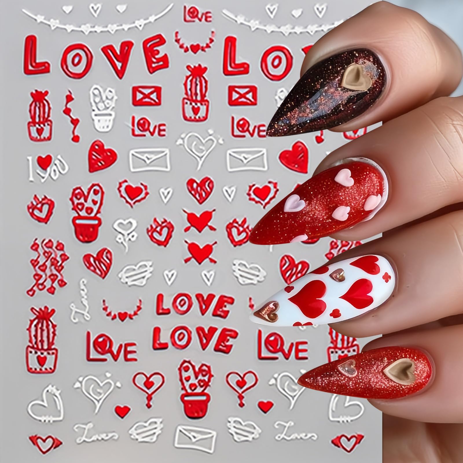 8Pcs Valentines Day Nail Art Stickers Decal Red Heart Nail Sticker 3D Self-Adhesive Red White Love Heart Letter Nail Design Vale