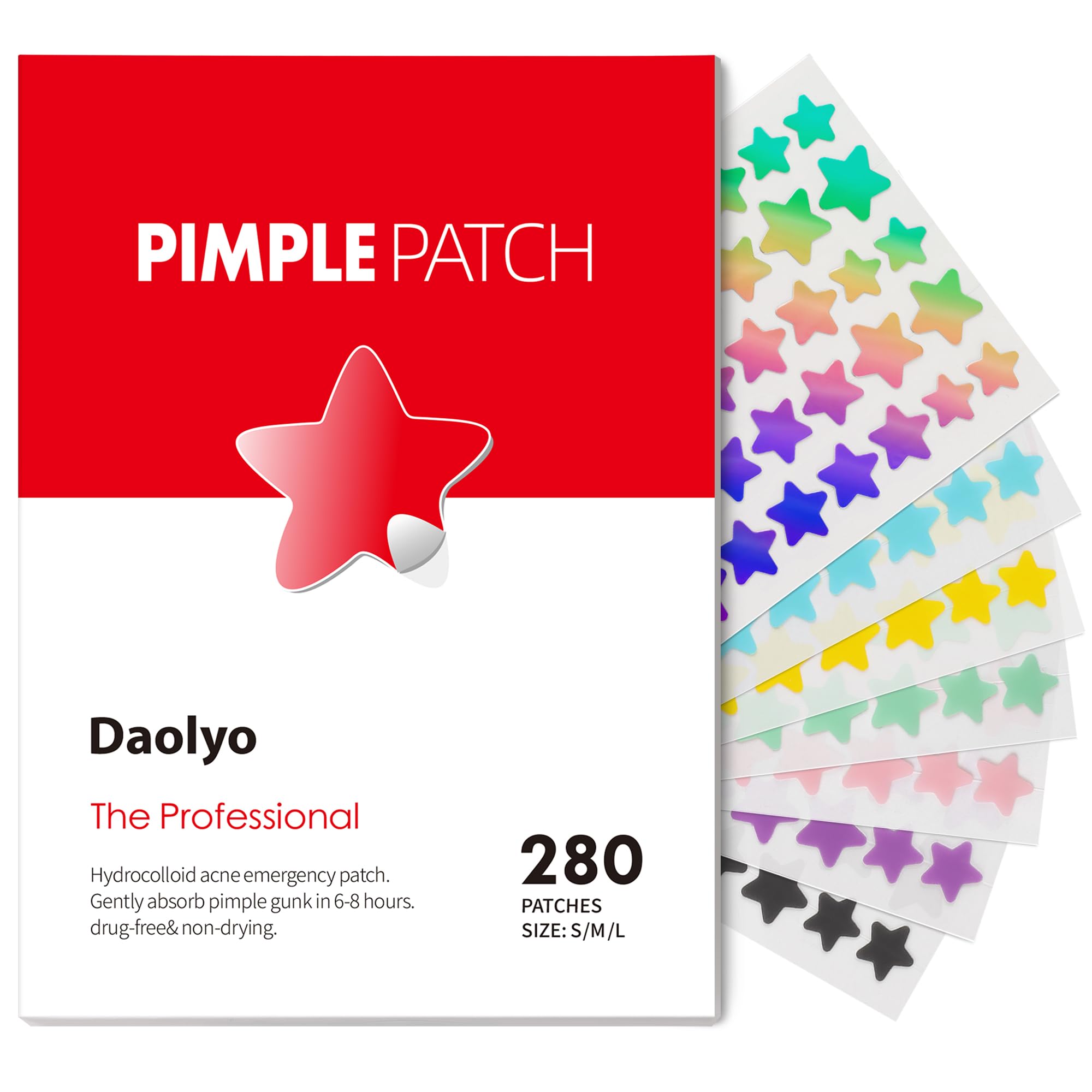 Daolyo Pimple Patches for Face, 3 Size 280 Counts Acne Patches, Cute Star Pimple Patches with Salicylic Acid, Tea Tree Oil & Cal