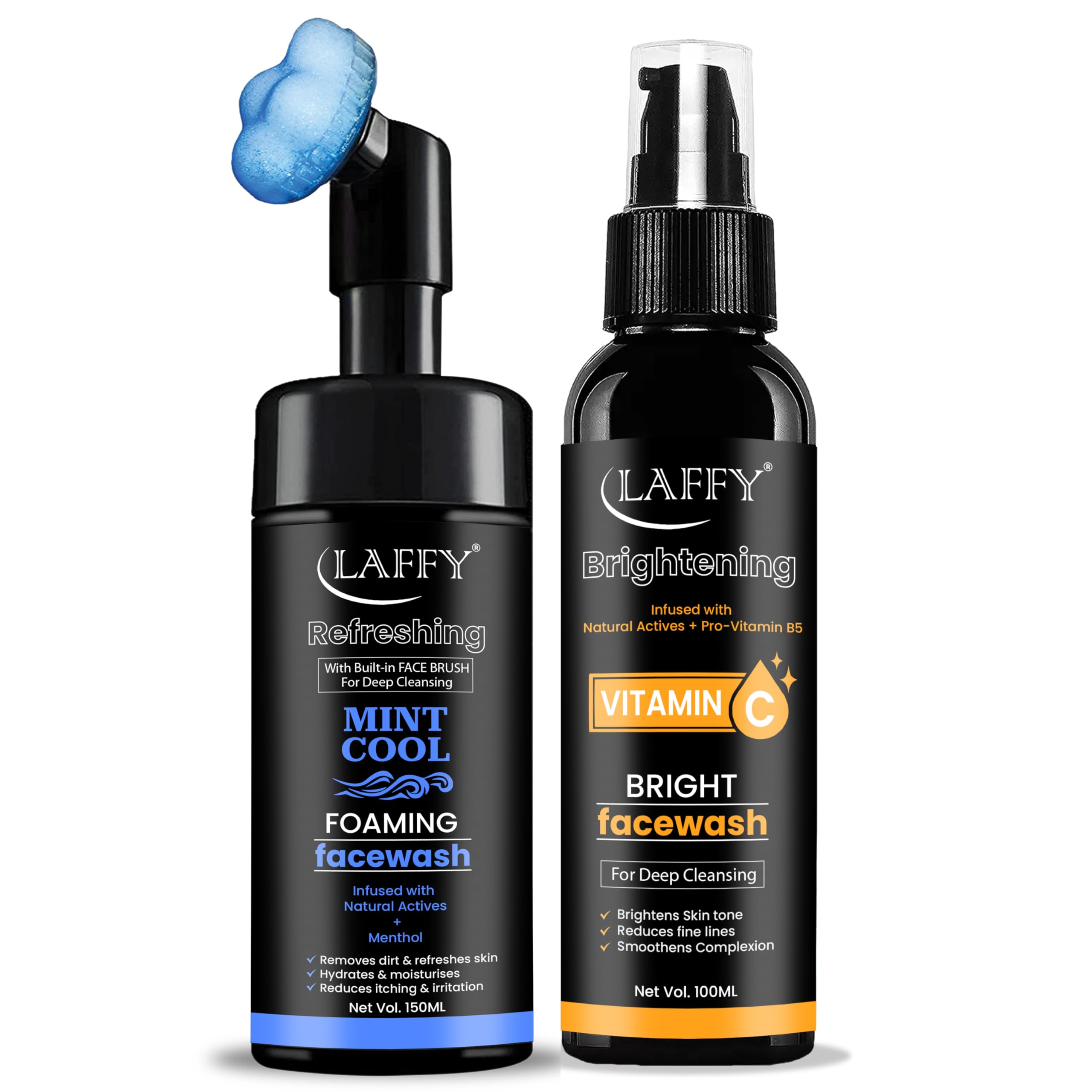 Laffy  Vitamin C Bright Face Wash (100Ml) & Mint Cool Foaming Face Wash (150Ml) Combo | Skin Brightening & Refreshing Cleansers