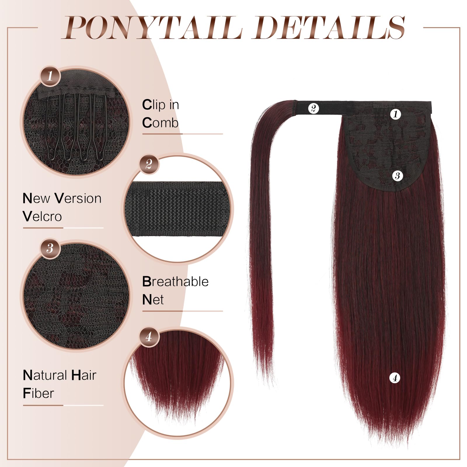 Feshfen Straight Ponytail Extension 16 Inch Natural Long Ponytails Wrap Around Clip In Pony Tail Hair Piece Synthetic Hairpieces