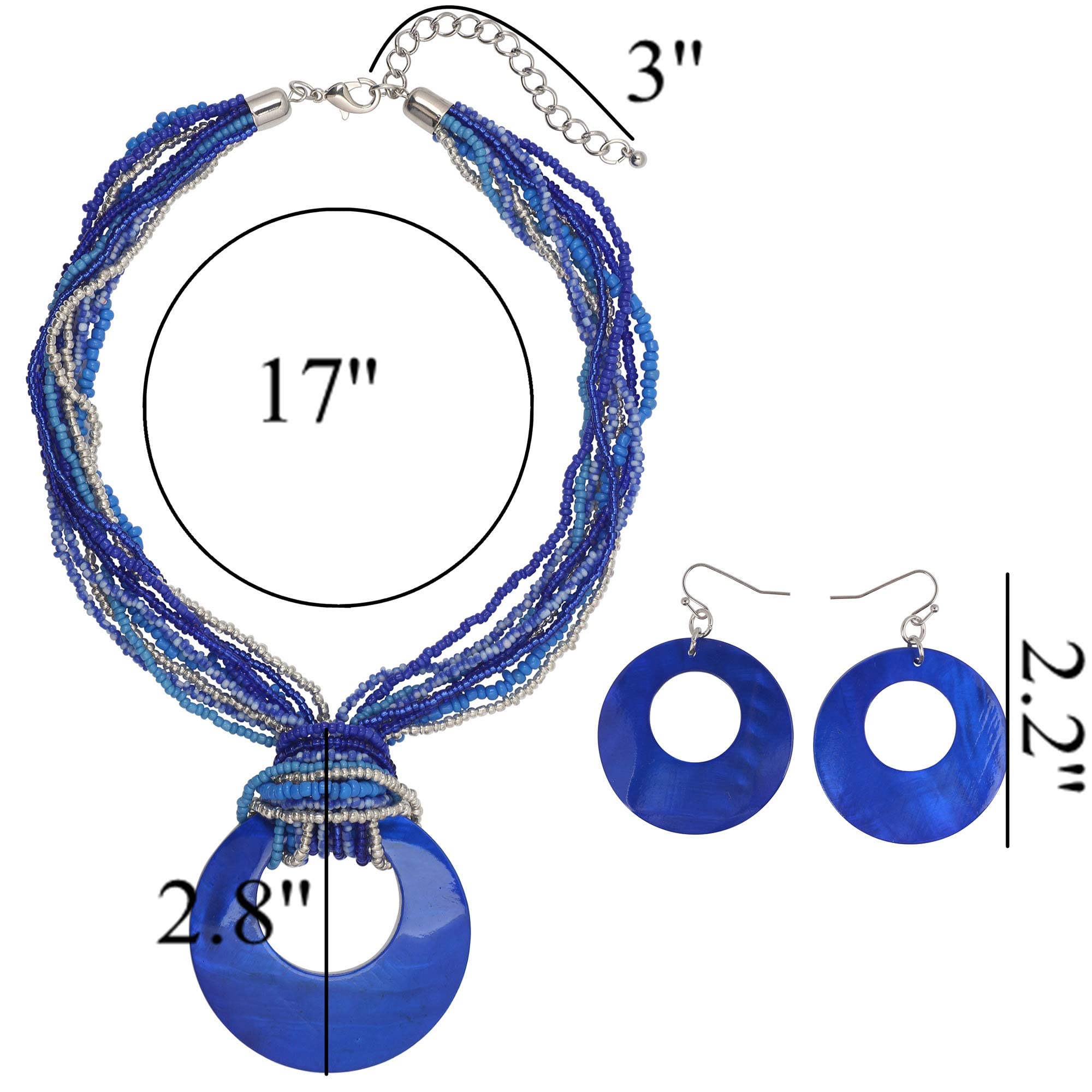 Coiris Multi Strand Statement Colorful Beaded Necklace Earrings Set with Big Circle Shell Pendant for Women (N0055-Royalblue)