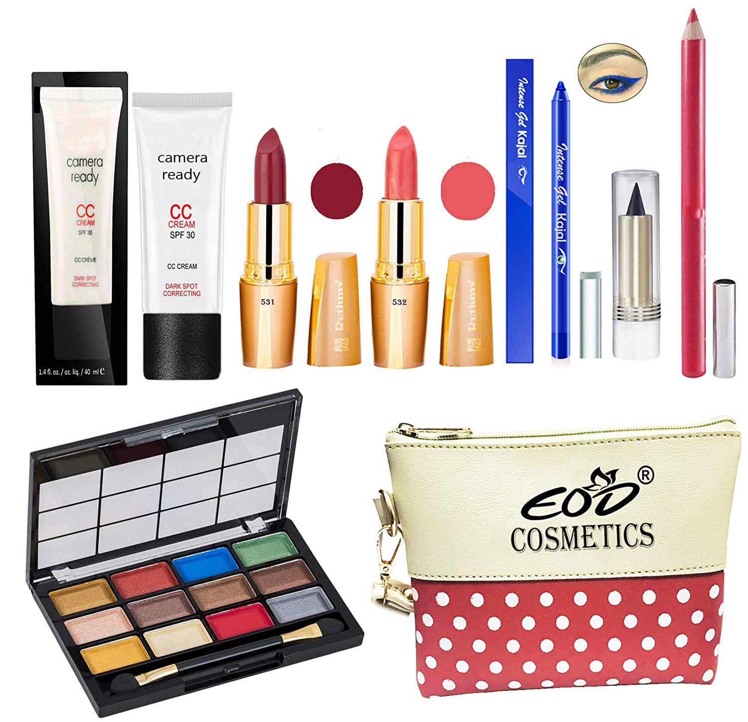 Eod Makeup Kit For Women, Ladies Cosmetics Combo Set With Eyeshadow,Lipstick,Fairness Cream, Blue Kajal Set Of 8 Pcs, C250