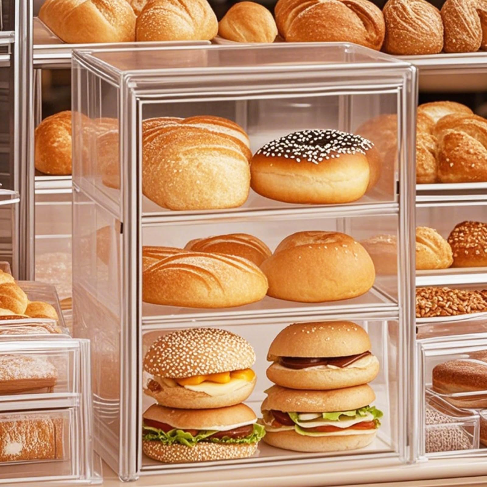 QIYUNI Pastry Display Case Bread Box Acrylic Case Donut Cake Pie Cabinet Dessert Muffins Cookies for Kitchen Countertop 3-Tier A