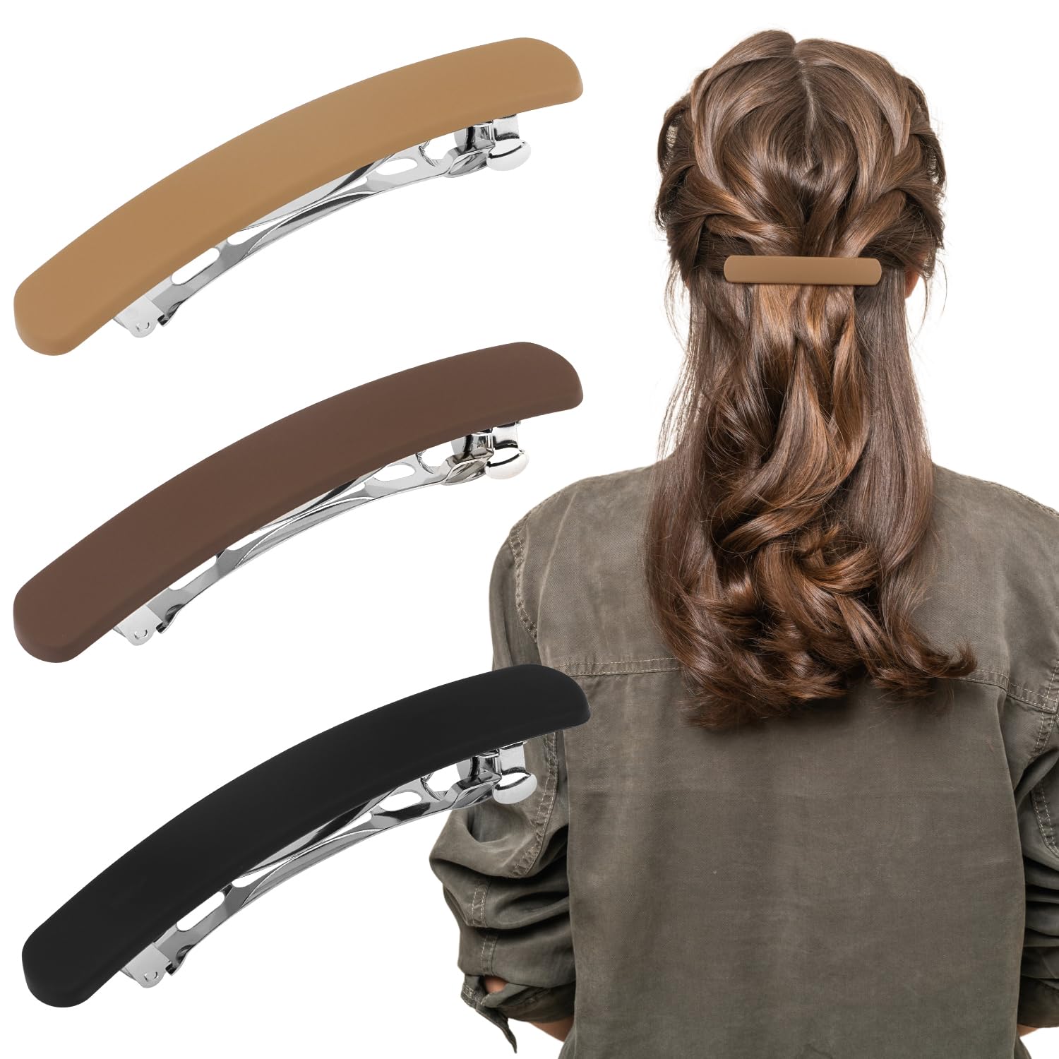 ATODEN Women's Flat Hair Barrettes - 3Pcs Matte French Clips for Thin Fine or Short Medium Hair, Khaki Brown Black Accessories