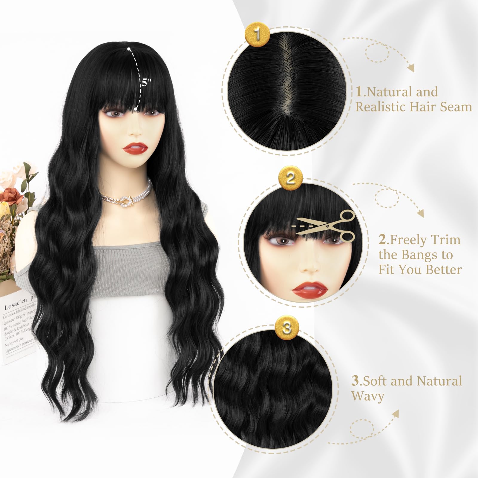 Entranced Styles Black Wig With Bangs Long Black Wigs For Women Long Curly Wavy Synthetic Wig Natural Looking Realistic Wigs For