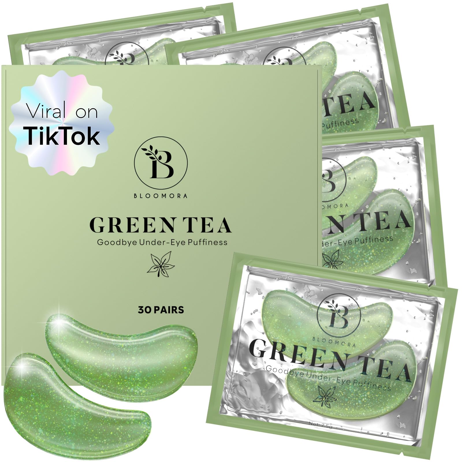 BLOOMORA Green Tea Eye Patches (30 Pairs) Under Eye Patches for Dark Circles, Under Eye Patches for Puffy Eyes and Dark Circles,