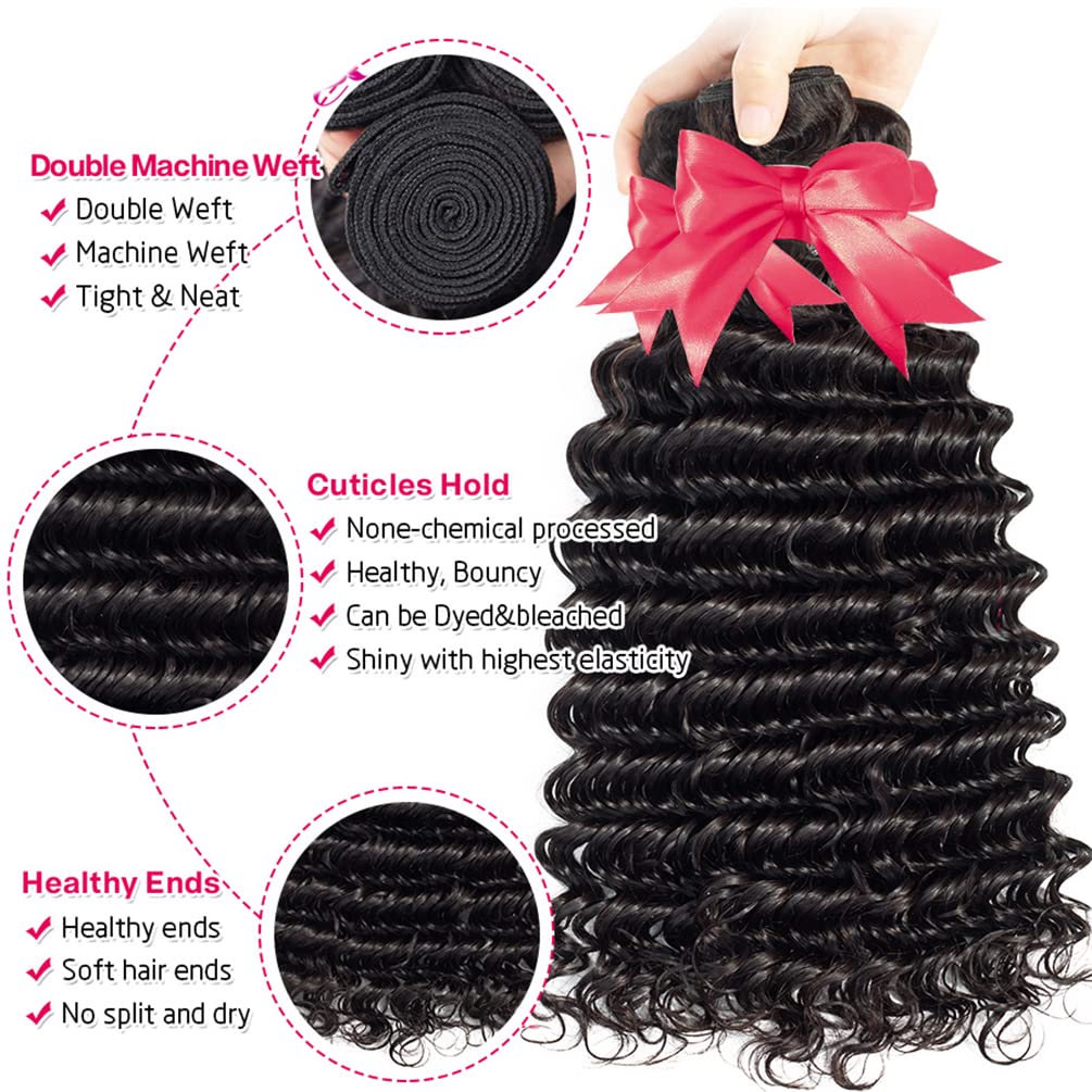 Deep Wave Bundles With Closure (22 24 26+20) 12A 100% Unprocessed Brazilian Virgin Human Hair Free Part Curly Weave 3 Bundles Wi