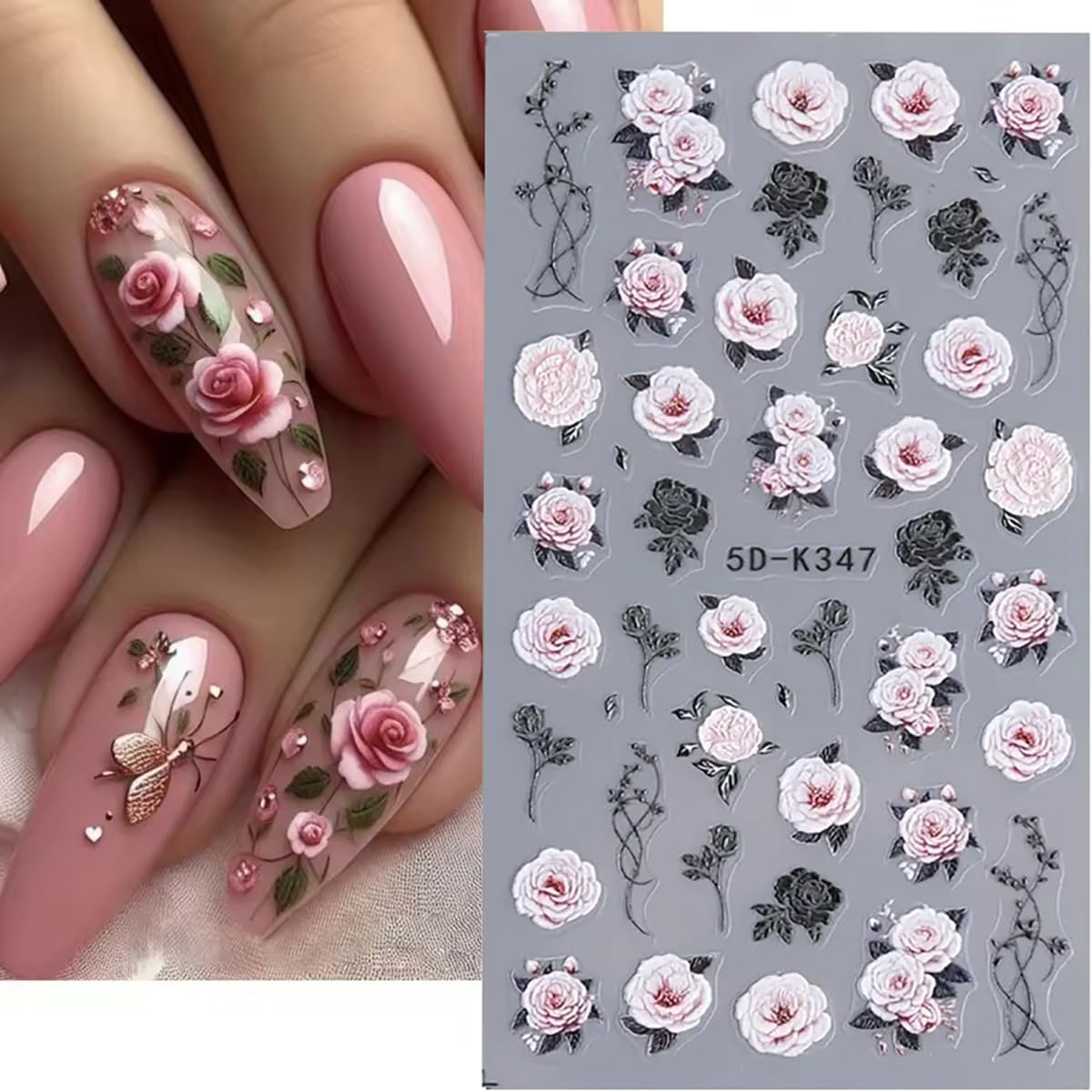 Flower Nail Art Stickers 5D Embossed Rose Flowers Nail Decals 4Pcs Black Red Pink Rose Floral Valentines Nails Design Self-Adhes