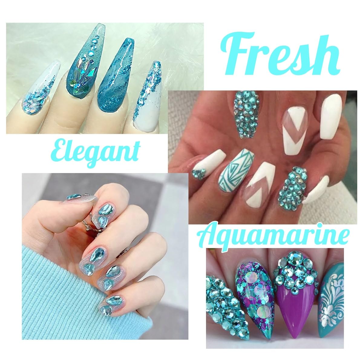 4 Boxes Aquamarine Nail Rhinestones Glitters Kit, 24 Shapes K9 Glass Lake Blue Gems Flatback Round Gems Stones Diamonds Crystals