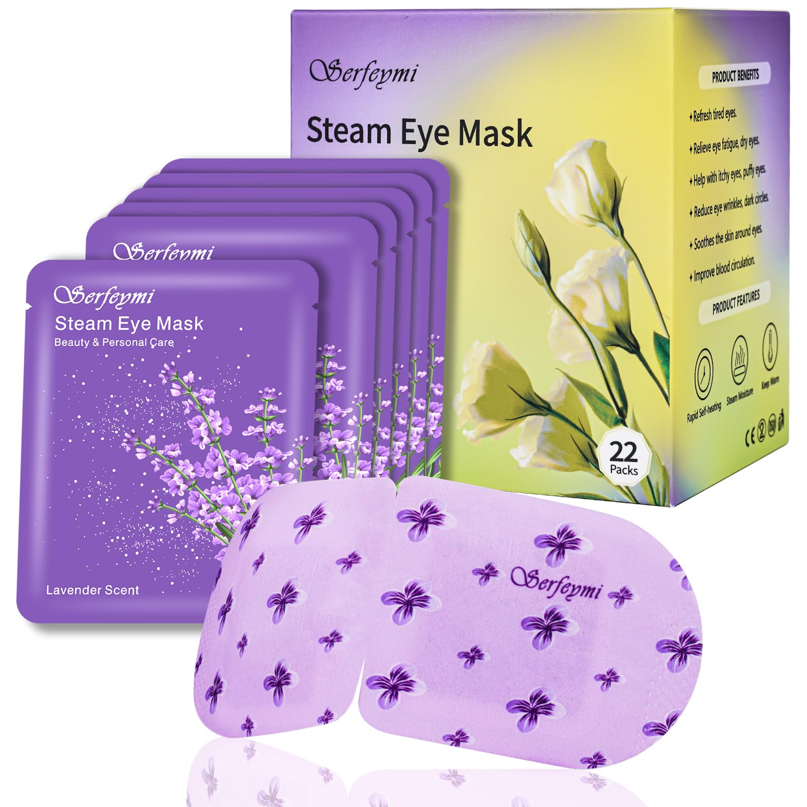 Serfeymi 22 Packs Steam Eye Mask Self-Heating Warm Eye Mask, Disposable Eye SPA Heated Eye Mask for Sleeping, Relieve Eye Fatigu