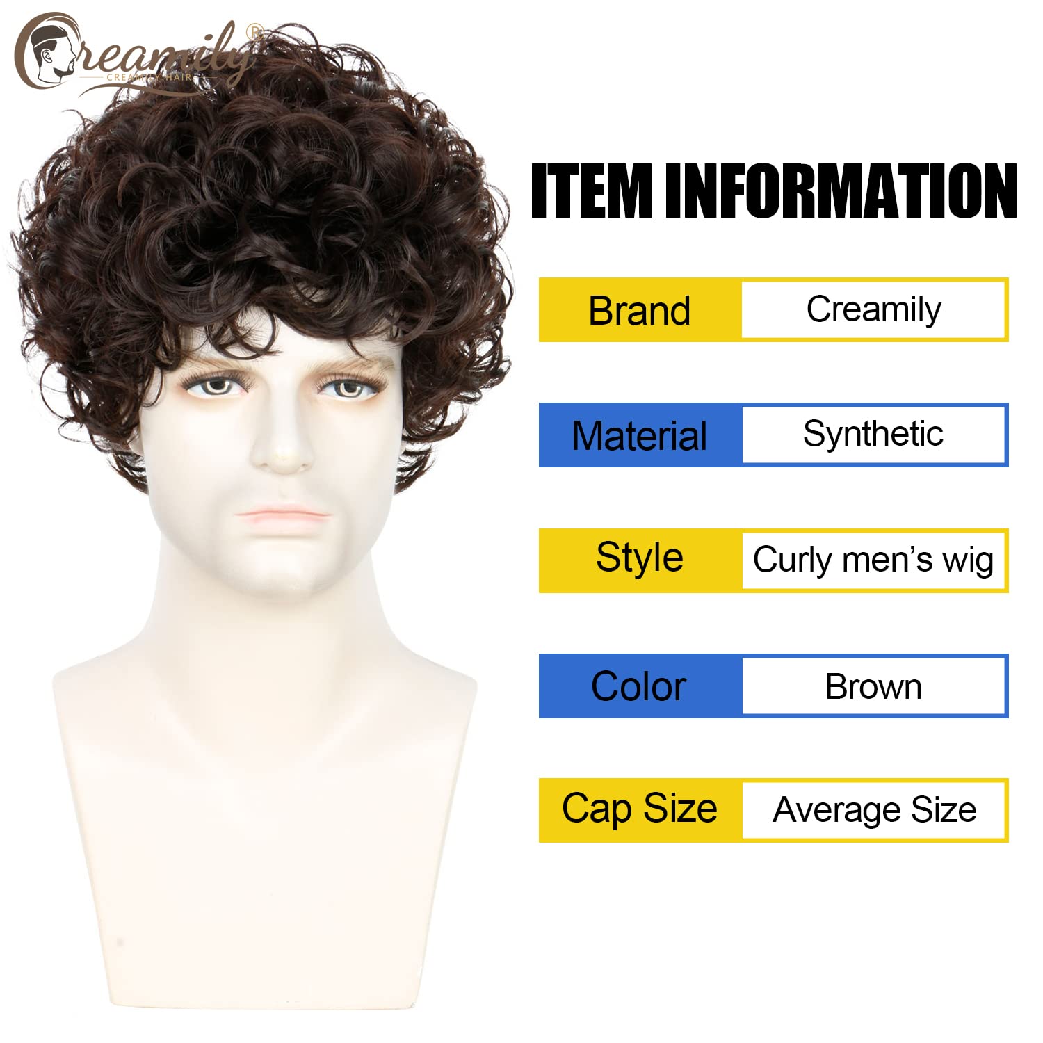 Creamily Men'S Wig Short Brown Curly Wig Fully Hair Wigs With Bangs Natural Curly Synthetic Hair Replacement Wig Party Cosplay H