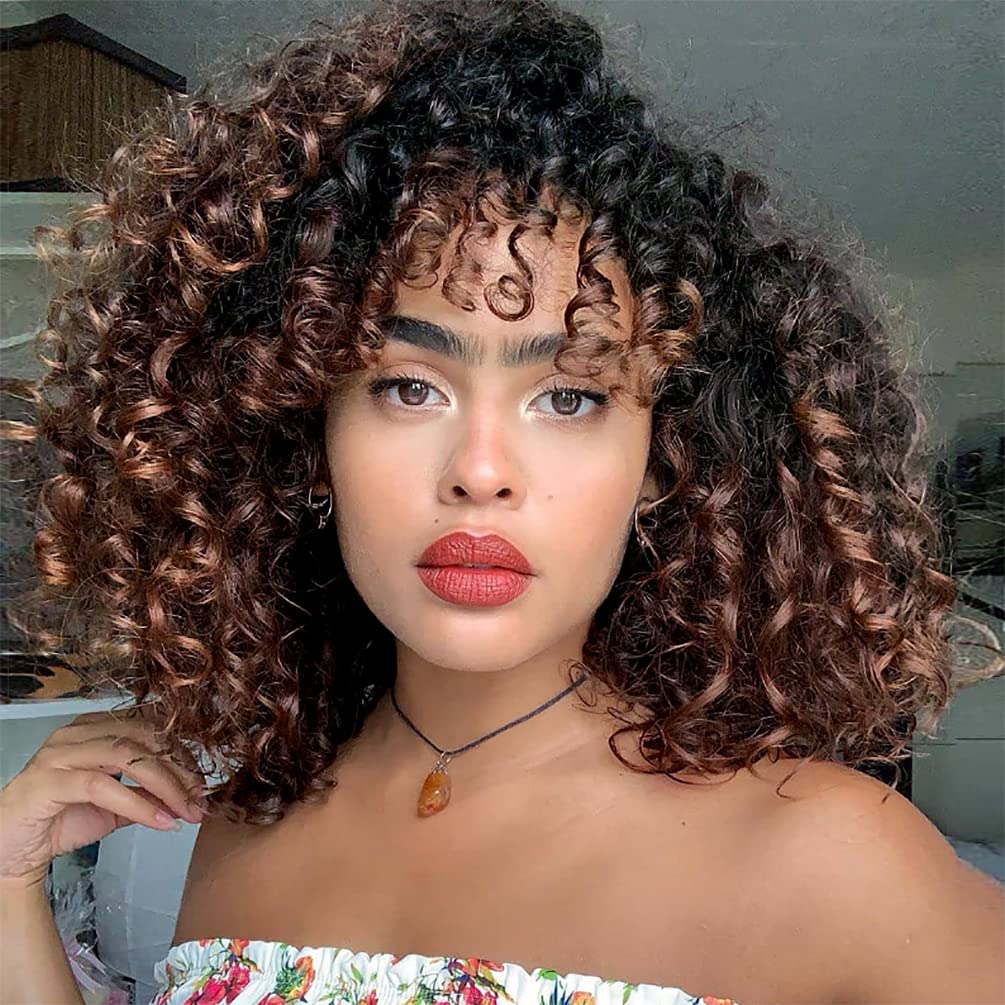YEAME Curly Wigs for Black Women - Kinky Curly Afro Wig with Bangs 2 Tone Brown Mixed Black Color Synthetic Hair African Wigs wi