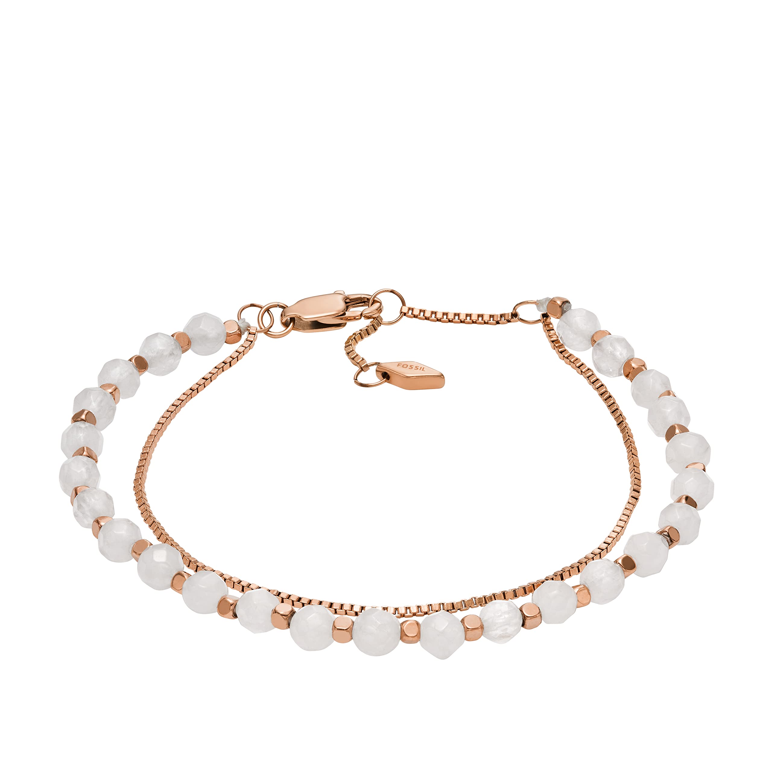 Fossil Womens Stainless Steel Rose Gold-Tone Beaded Bracelet, Color: Rose Gold/Rose Quartz (Model: JF04444791)