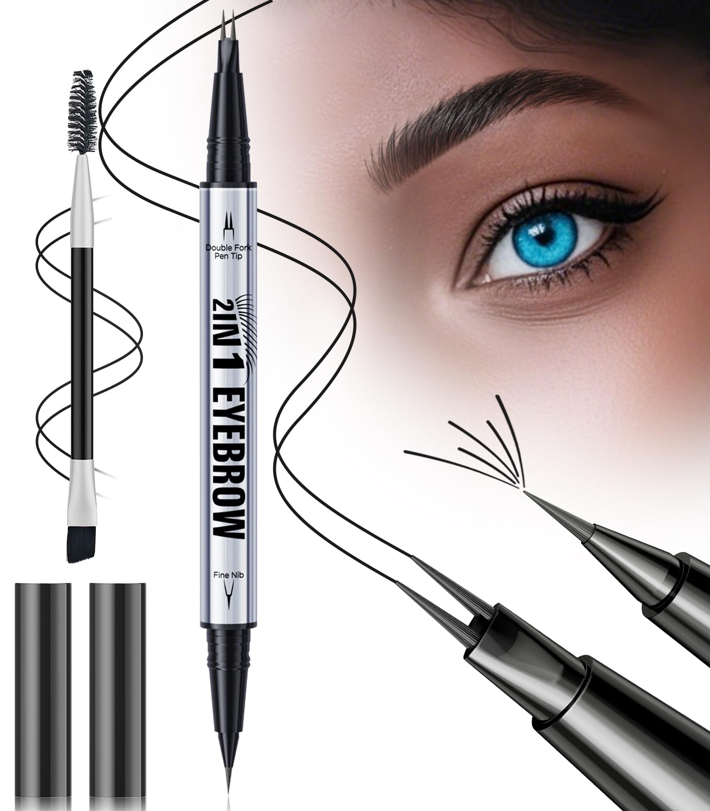 Microblading Eyebrow Pen, Eyebrow Pencil Brown Hair Like Natural Liquid Brow Contouring Pen, 2-in-1 Dual-Ended Long Lasting Eye 