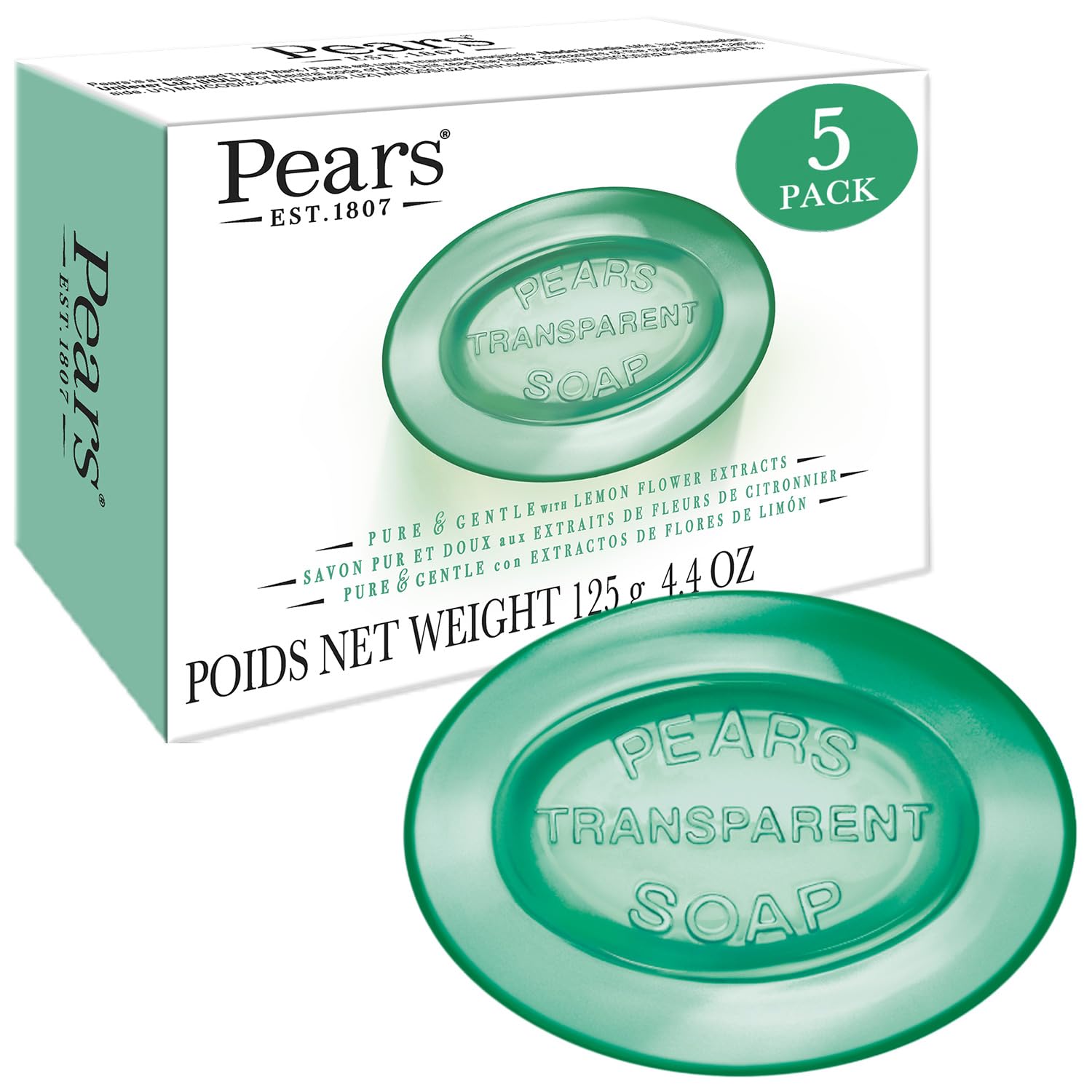 Pears Soap, Pure & Gentle with Lemon Flower Extracts, 5-Pack - Transparent Green Glycerin Soap for Radiant, Glowing Skin, 4.4 Oz