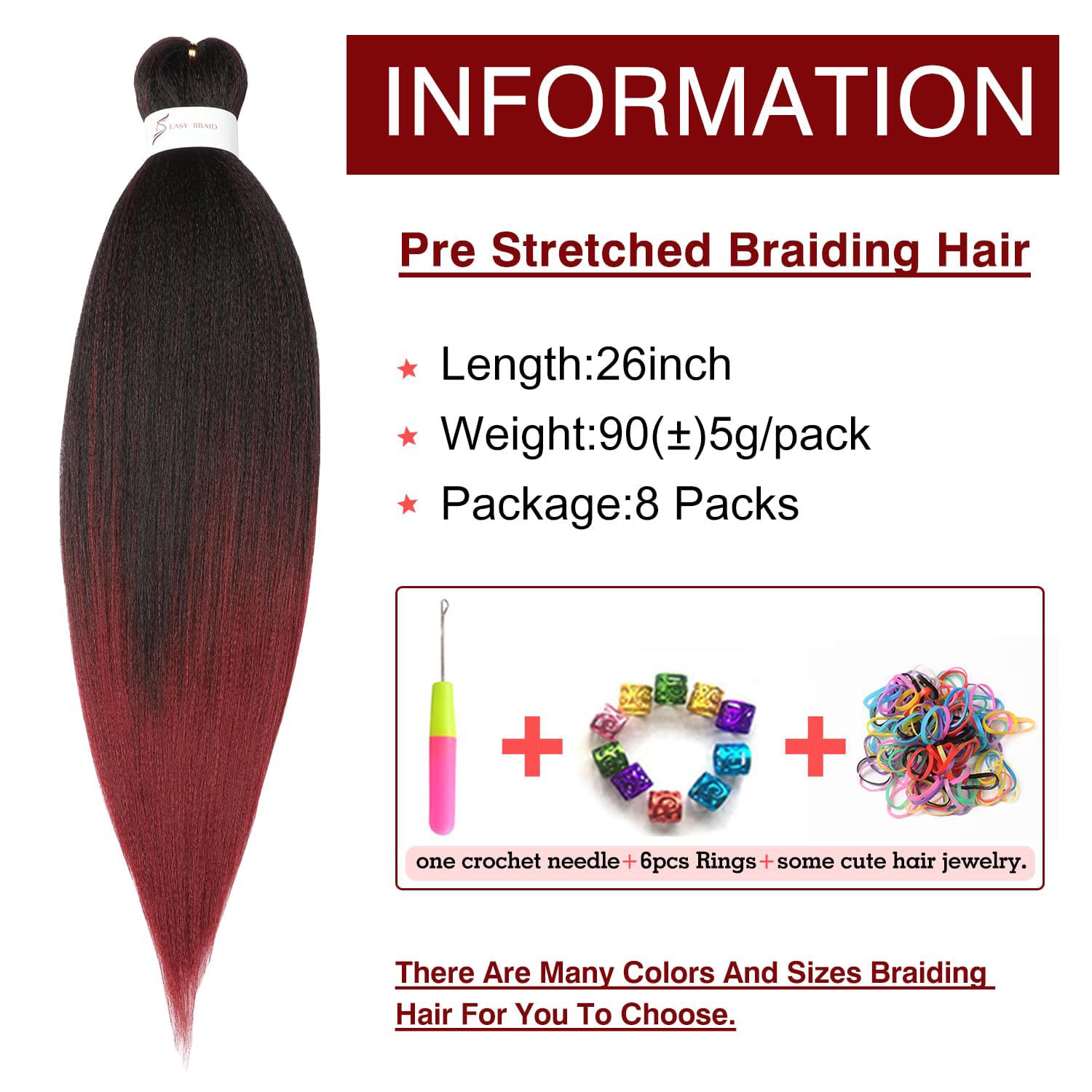 Pre-Stretched Braiding Hair Extension Ombre Black To Burgundy Professional Crochet Braiding Hair 26 Inch 8 Packs Hot Water Setti