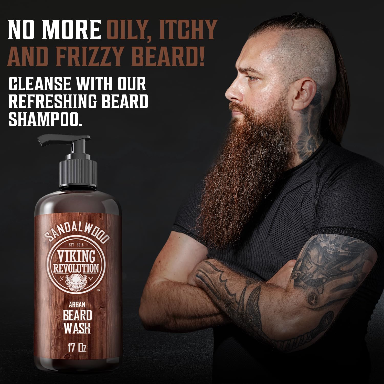 Viking Revolution Beard Wash Shampoo W/Argan & Jojoba Oils - Softens & Strengthens - Sandalwood Scent - Beard Shampoo W/Beard Oi