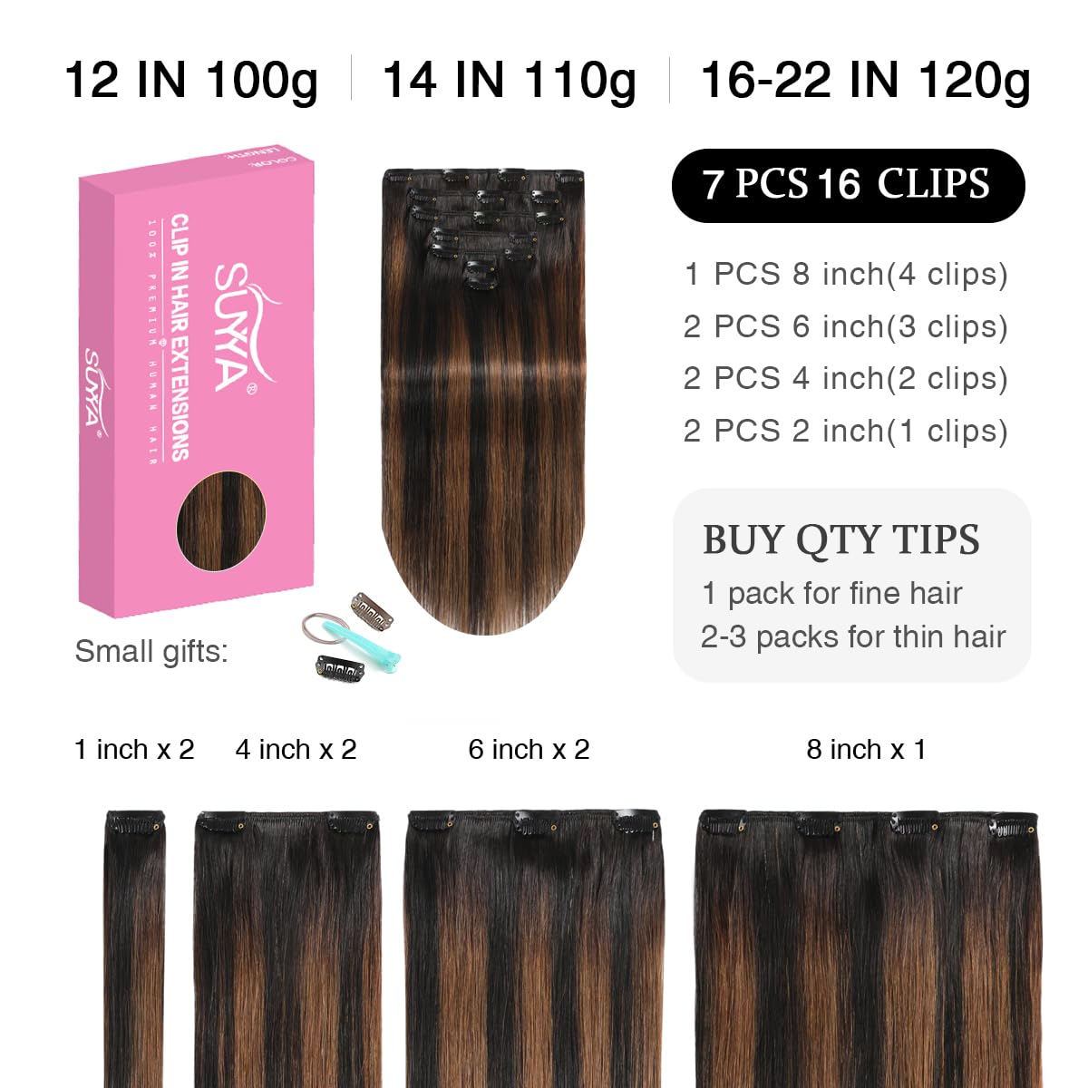 Suyya Clip In Hair Extensions Real Human Hair 16 Inch 120G 7Pcs Clip Ins Silky Straight Double Weft Balayage Natural Black To Ch