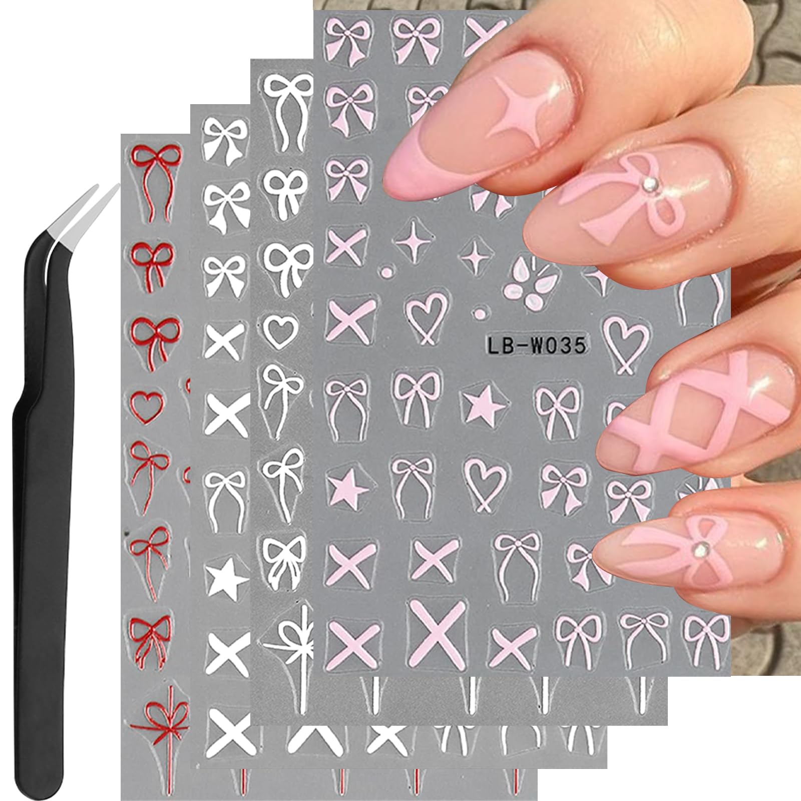VOTACOS Bows Tie Heart Nail Stickers for Nail Art Colorful Nail Decals White Red Bows Tie Nail Supplies 3D Self-Adhesive Nail De